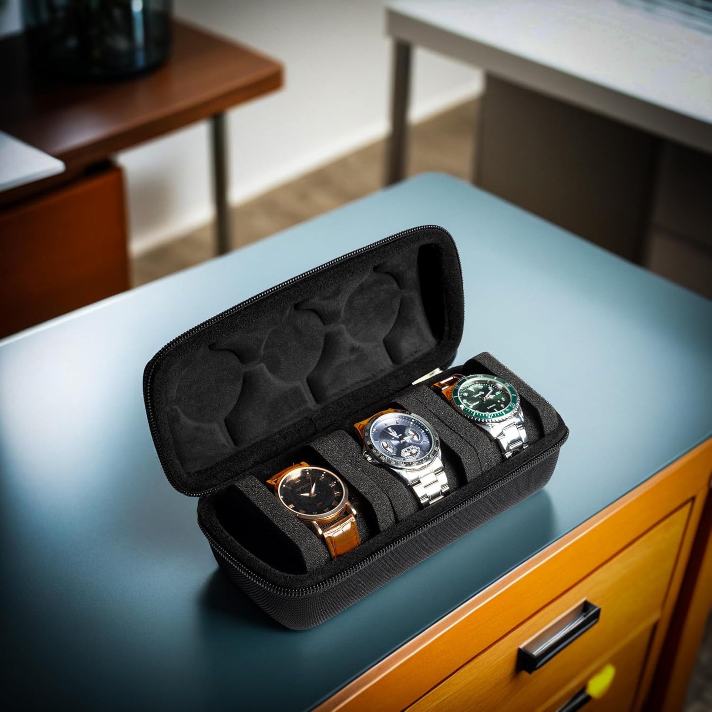 3 Slot Hard Watch Travel Case, Watch Roll Case Storage and Organizer for Men and Women, with anti-move watch pillow (Black fabric 3Slots)