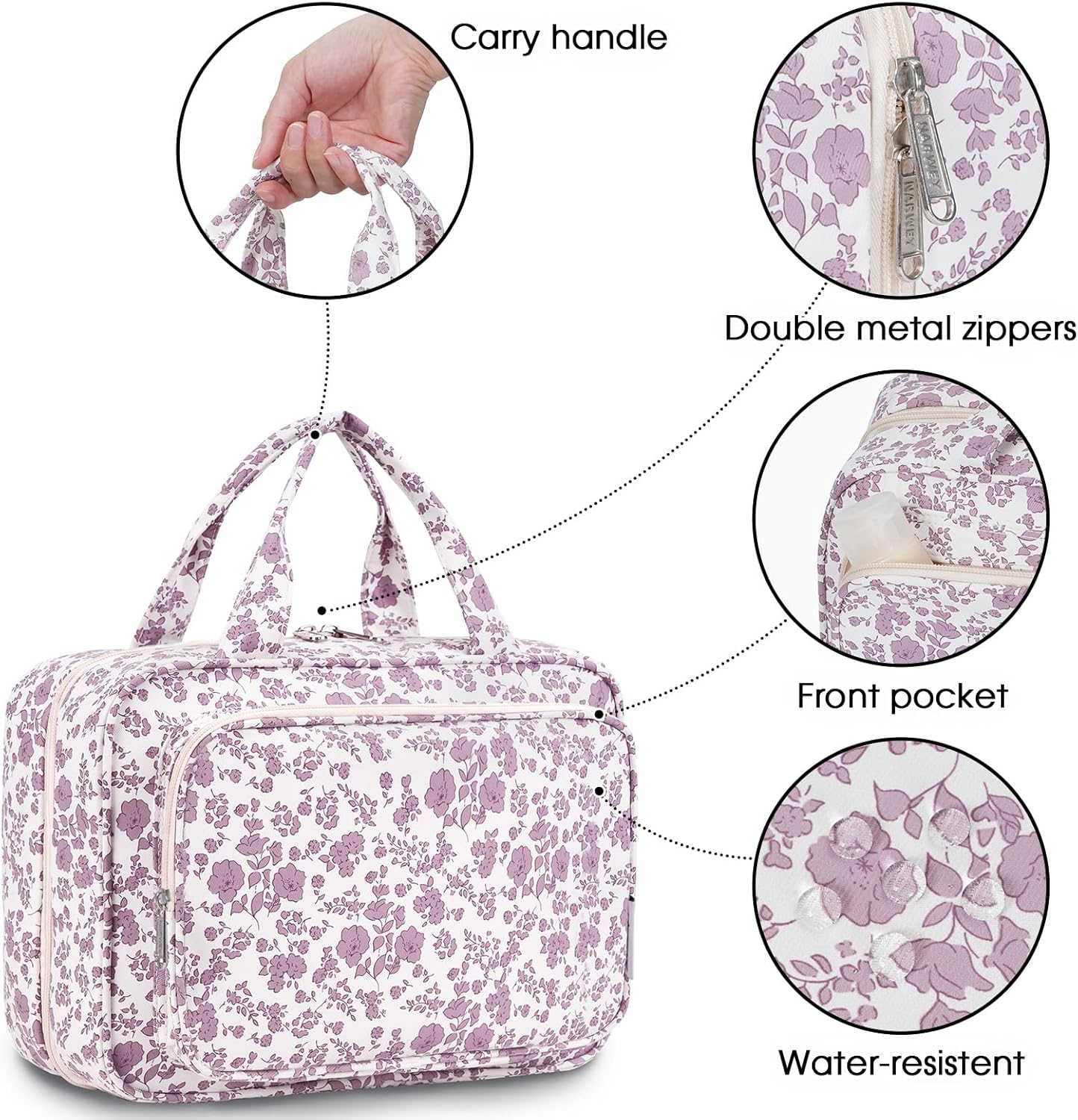 Travel Toiletry Bag for Women Large Hanging Makeup Bag Organizer Toiletries Bag for Full Size Essentials Accessories Cosmetics (Little Dusty Pink Flower (Large))