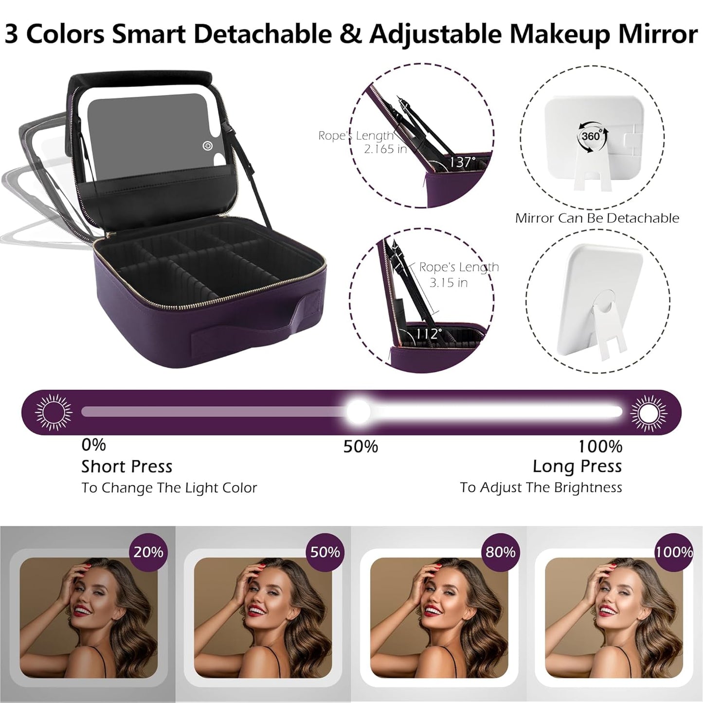 MOMIRA Travel Makeup Bag Cosmetic Bag with Lighted Mirror, Adjustable Brightness in 3 Color Scenarios, Waterproof, 10x Magnifying Mirror, Rotatable Independent Light Mirror- Deep purple (Solid)