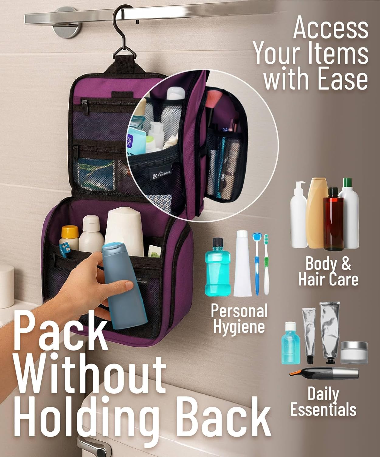 DD D&D Wanderlust D&D Hanging Travel Toiletry Bag for Men and Women – Cosmetics, Makeup and Toiletries Organizer Kit with 10 Compartments, YKK Zippers, XXL Metal Swivel Hook, Water-Resistant Nylon