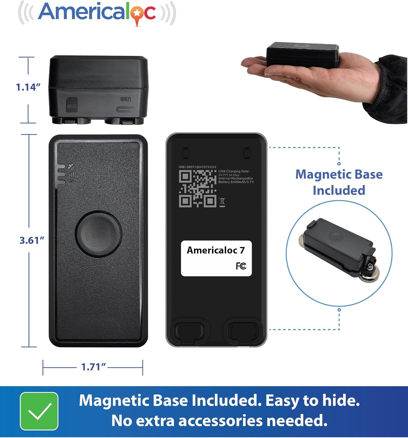Americaloc Mini Seven GPS Tracker – Includes 4 Months of Free Service. Ultra-Long Battery. Vehicles, Assets & People. Rechargeable. Magnetic.