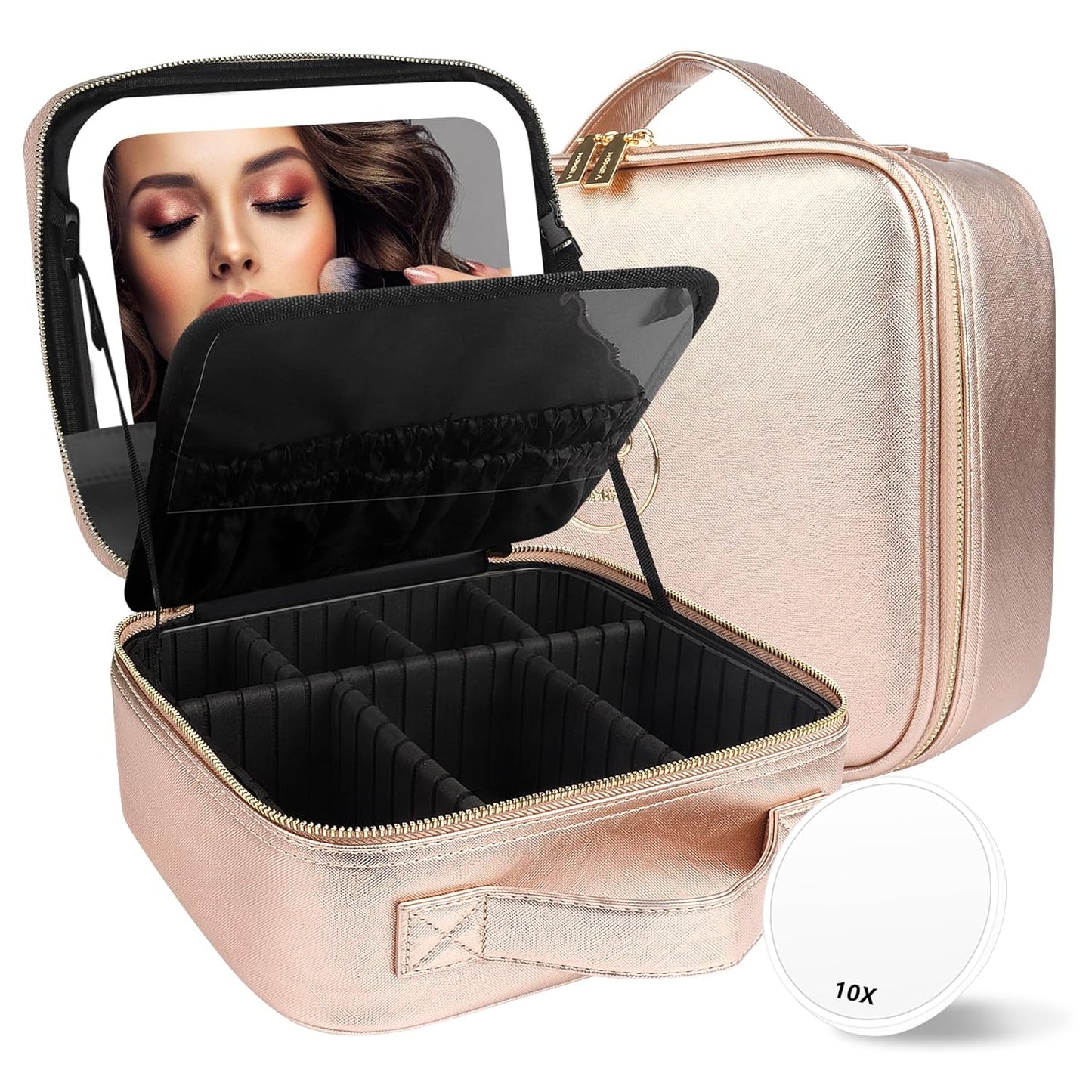 MOMIRA Travel Makeup Bag Cosmetic Bag Makeup Organizer Bag with Lighted Mirror, Adjustable Brightness in 3 Color Scenarios, Waterproof Makeup Train Case, Gift for Women - Champagne