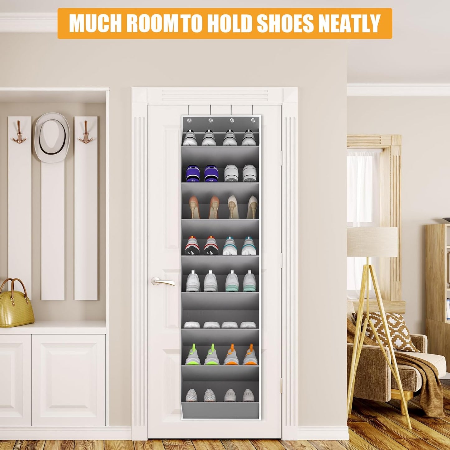 Over The Door Shoe Organizer Storage Fit 16-24 Pairs Hanging Shoe Rack Organiser for Closet Door, Deep Pocket Shoe Holder for Sneakers,Boots Storage(1 Pack Gray)