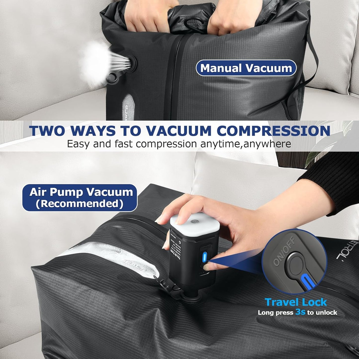 TPU Vacuum Bag for Travel, 70D Nylon Reusable Compression Bag with IP67 Waterproof Zipper, Compression Packing Cubes for Clothing, Space Saver Bags for Luggage and Backpack(Gray-1 PCS + PUMP)