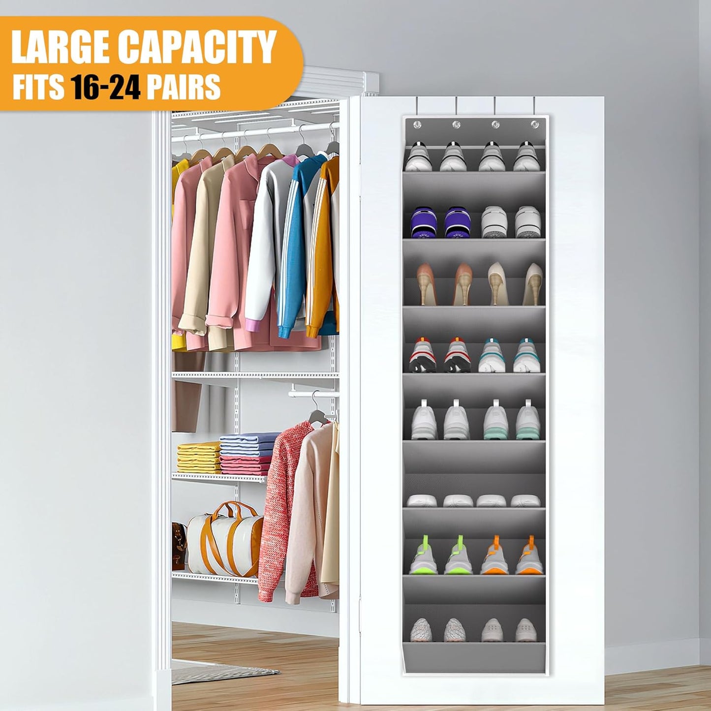 Over The Door Shoe Organizer Storage Fit 16-24 Pairs Hanging Shoe Rack Organiser for Closet Door, Deep Pocket Shoe Holder for Sneakers,Boots Storage(2 Pack Gray)