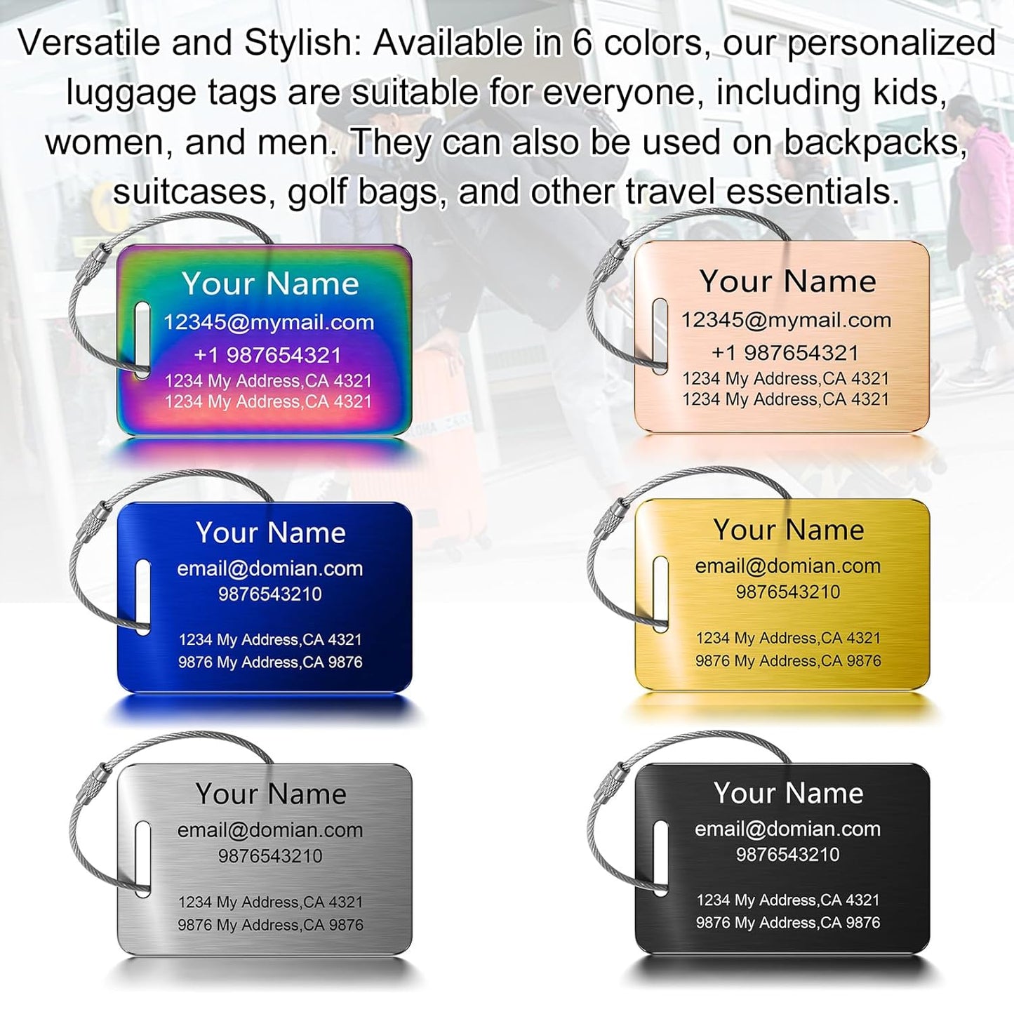 Stainless Steel Personalized Luggage Tags for Suitcases - Custom Name ID Travel Tags for Luggage, Backpacks and Bags - Metal Travel Essentials Accessories for Kids, Women and Men - Bulk Set (3 Pack)