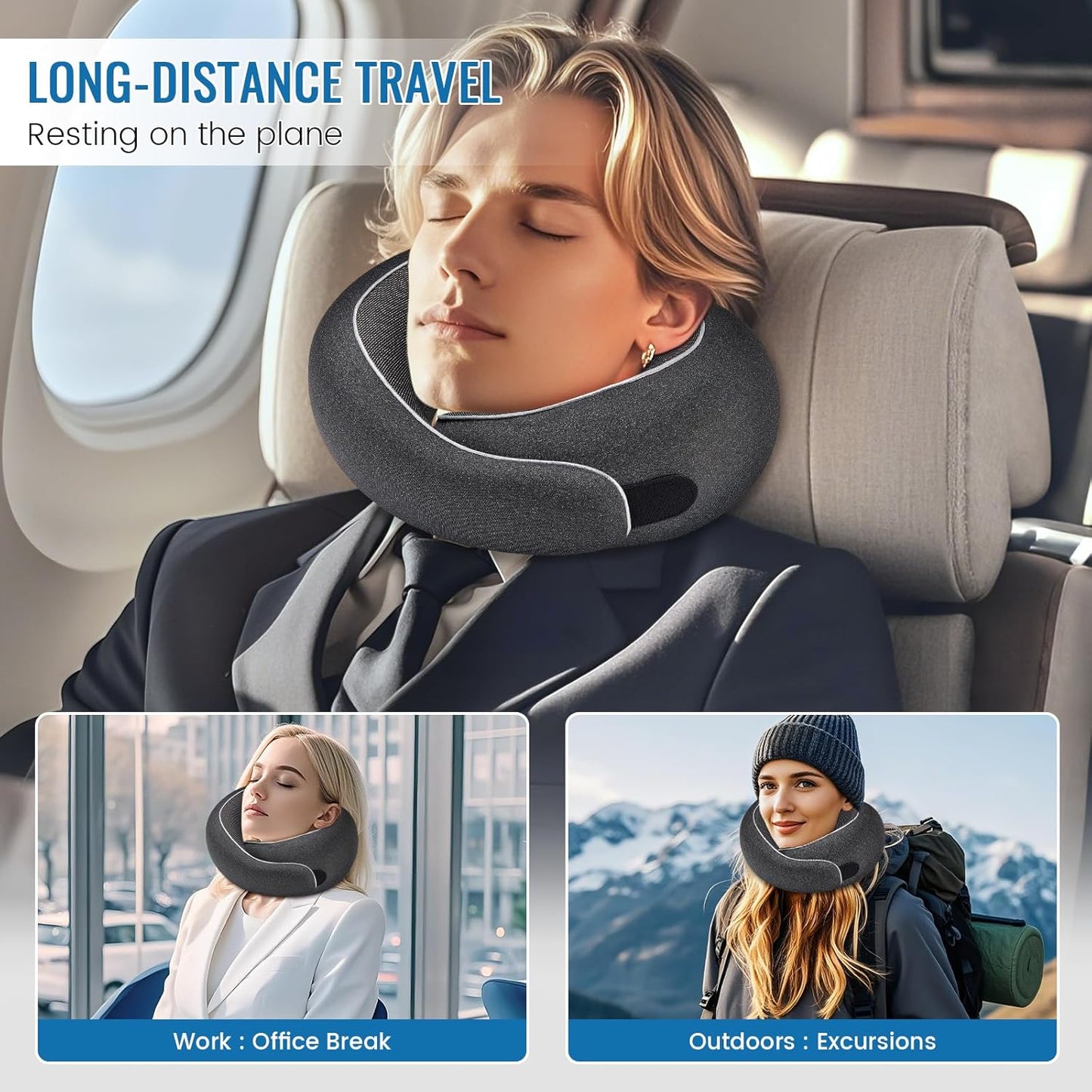 Travel Neck Pillows, 100% Memory Foam Filling, Travel Pillows for Airplanes, Compact and Ergonomic Design, Best for Sleeping Plane Train Travel Essentials (Light Black)