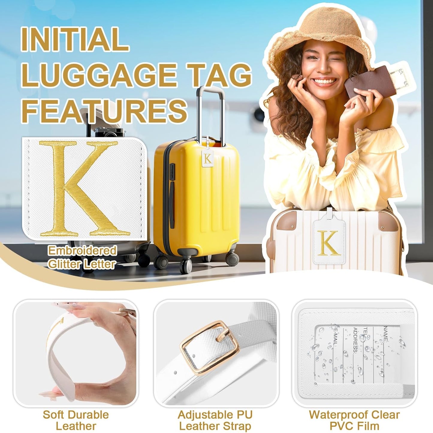 Personalized Initial Luggage Tags for Suitcase TSA Approved, White Leather Cute Luggage Tag with Privacy Cover Name Card, Embroidered Custom Luggage Tags Travel Baggage Tags Gifts for Women Kids(K)