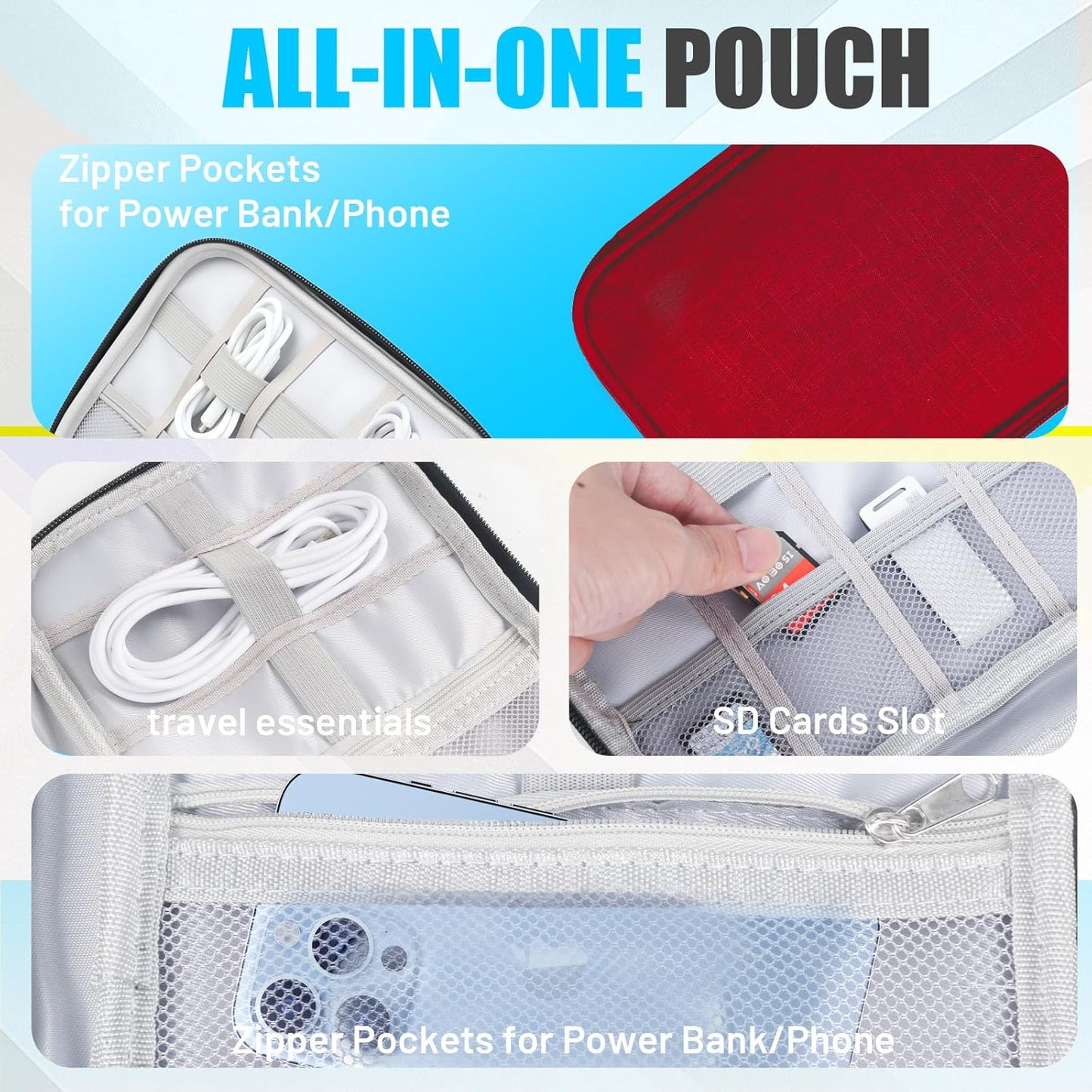 Travel Cable Organizer Bag, Electronics Organizer Tech Pouch with Double Layers for Cords, Chargers, Phone, Earphones, USBs, SD Cards - Travel Essentials Portable Waterproof Tech Pouch