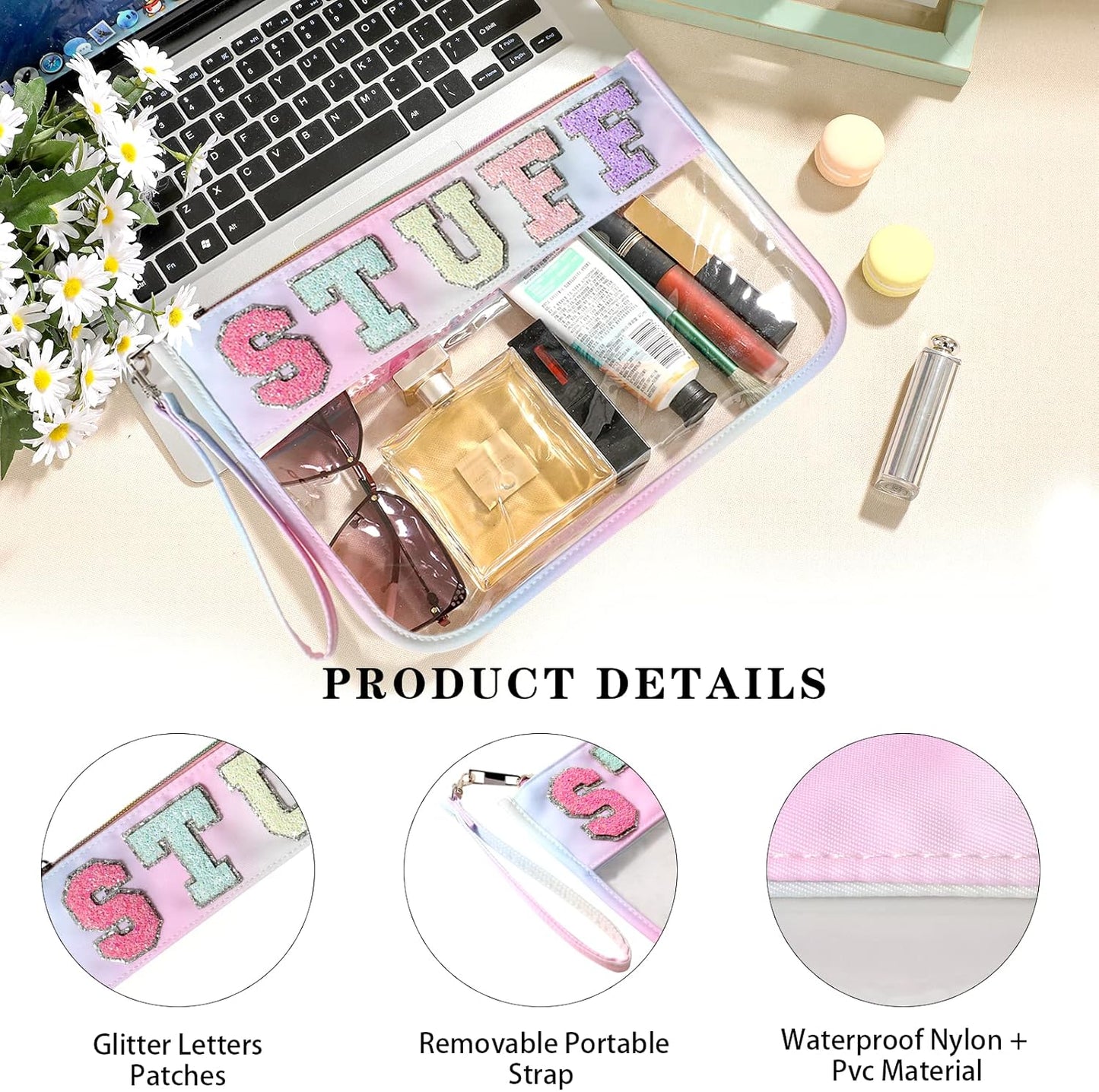 DYSHAYEN Chenille Letter Clear Zipper Pouch for Travel,Nylon Clear Cosmetic Bag,Makeup Travel Bag for Women Girls 11.8 Inches x 8.2 Inches