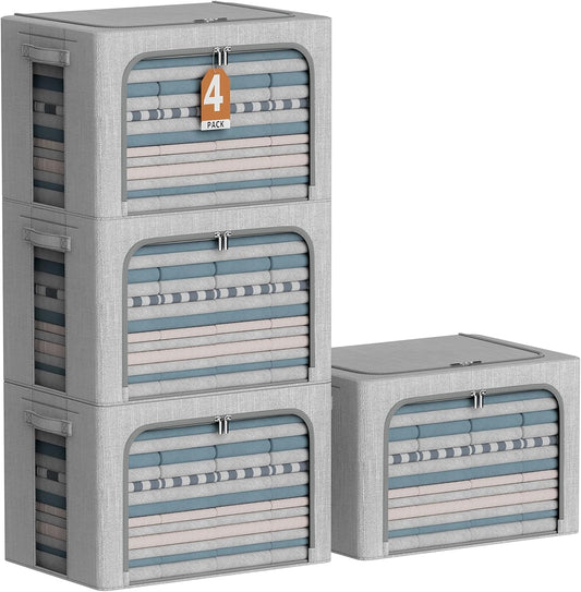 4 Pack Clothes Storage Bins with Metal Frame - Linen Fabric Foldable Stackable Container Organizer Set with Clear Window & Carry Handles & Zippers (Light Grey, 19.7"x15.7"x13")