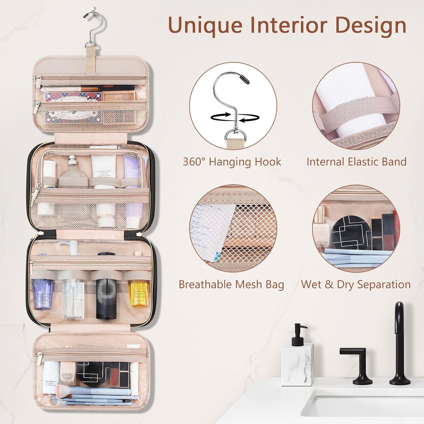 Wedama Toiletry Bag for Women, Hanging Travel Toiletry Bag with Jewelry Organizer Compartment Medium Makeup Bag, PVC Waterproof Cosmetic Travel Bag Trips Camping Bathroom, Black+Brown