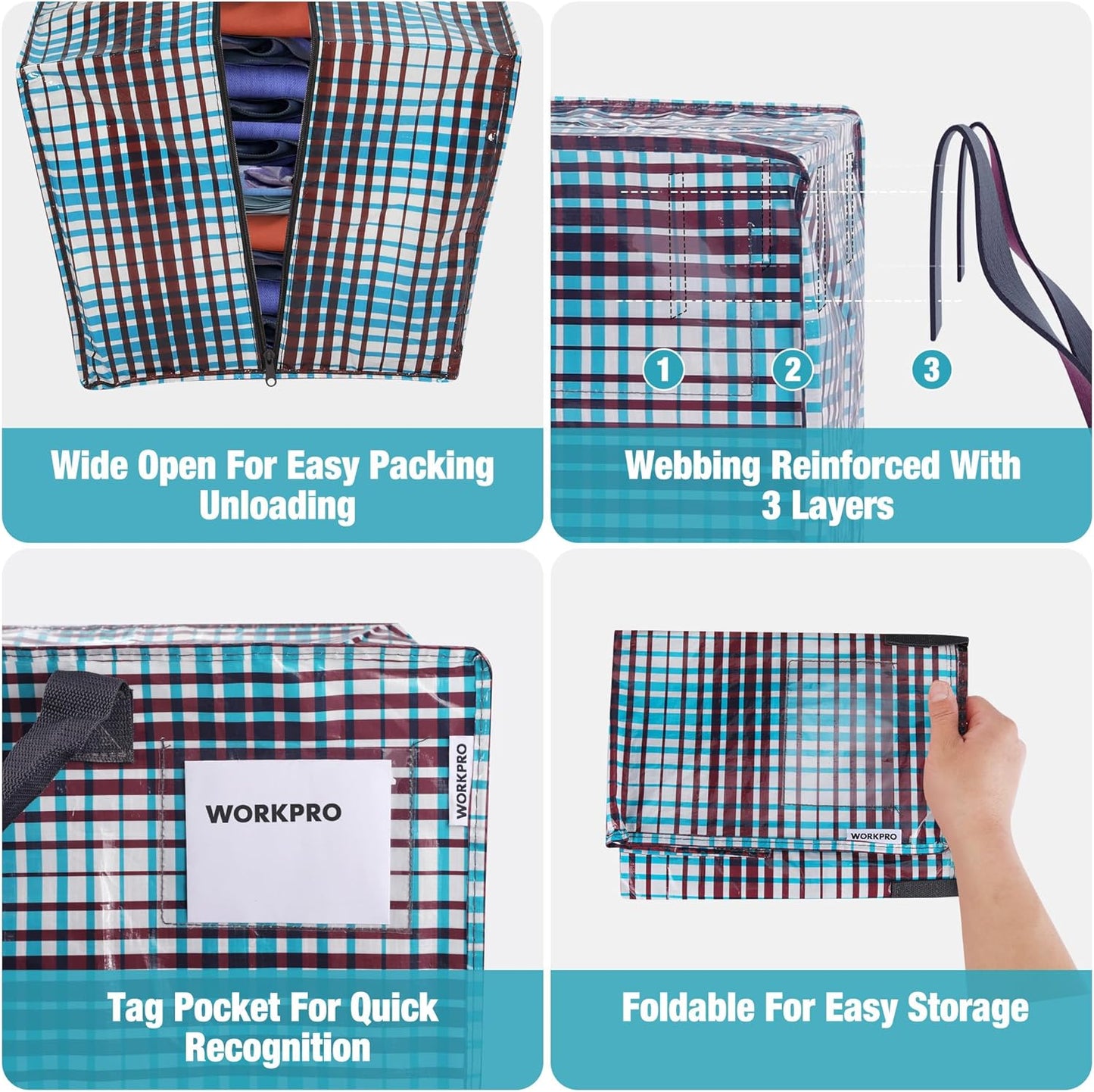 WORKPRO 6 Pack Extra Large Moving Bags with Zippers & Carrying Handles Backpack Straps, Heavy-Duty Storage Tote for Space Saving & Storage, Alternative to Moving Box (Lattice Printing)