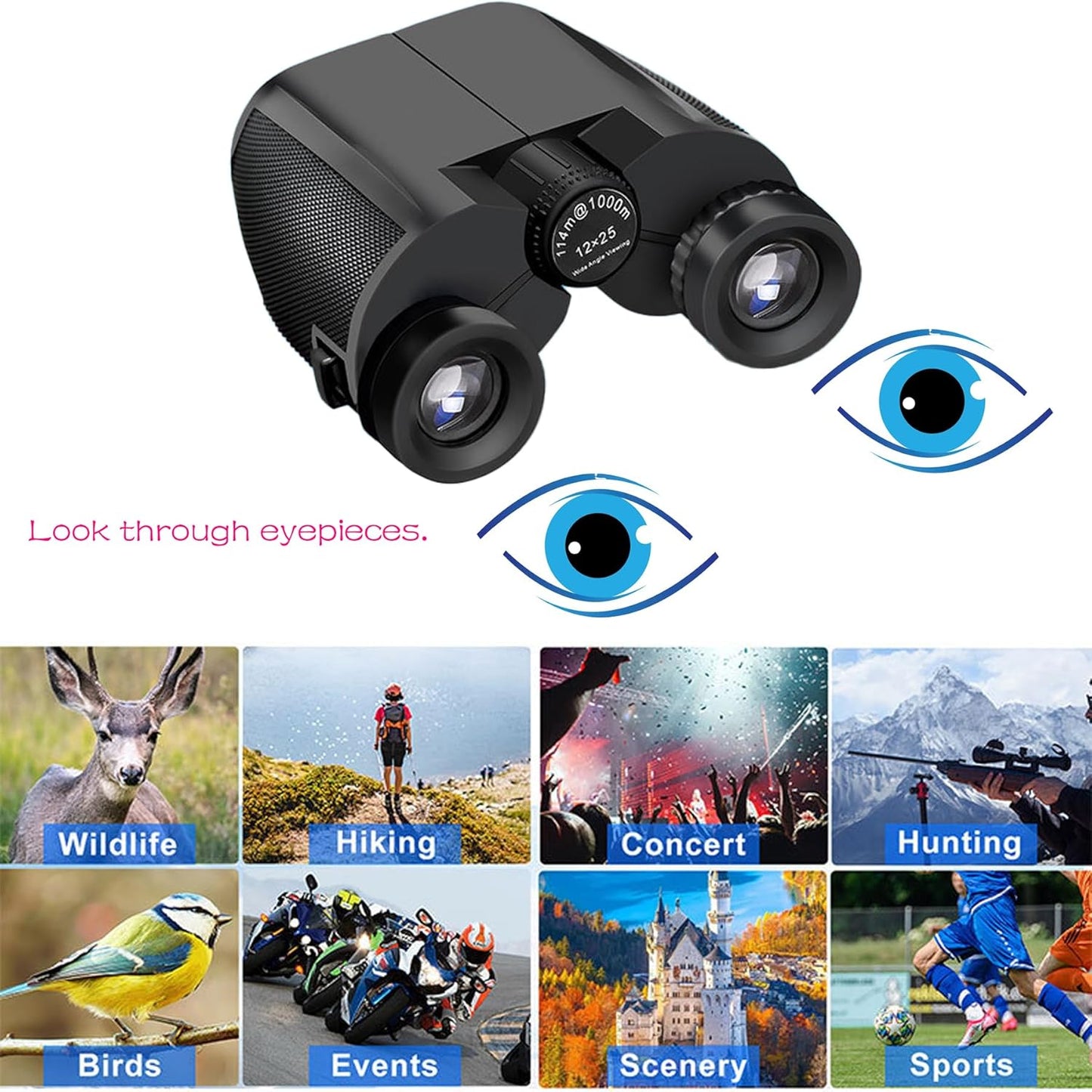 12x25 Compact Binoculars for Adults & Kids, High Powered Lightweight Waterproof Binoculars with Large Eyepiece, Low Light Vision for Bird Watching, Hunting, Travel, and Sightseeing