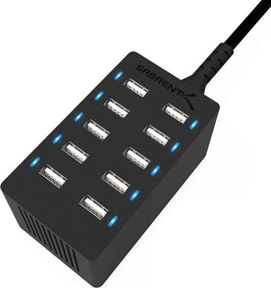 Sabrent 60 Watt (12 Amp) 10-Port [UL Certified] Family-Sized Desktop USB Rapid Charger. Smart USB Ports with Auto Detect Technology [Black] (AX-TPCS)