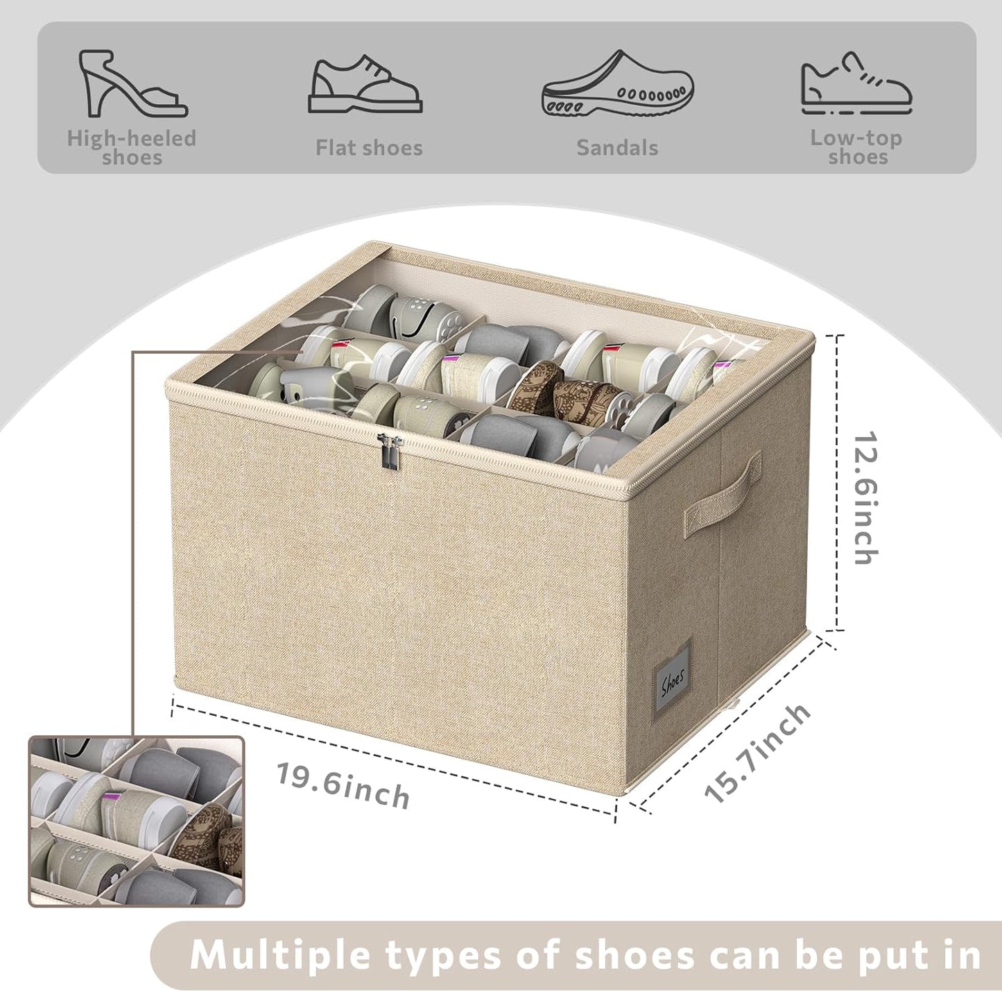 Shoe Organizer for Closet, 2 Pack Sturdy Shoe Storage Bins with Clear Cover, Fits 16-32 Pairs, Foldable Shoe Storage Box with Reinforced Handles (Beige, 19.7 * 15.7 * 12.6in)