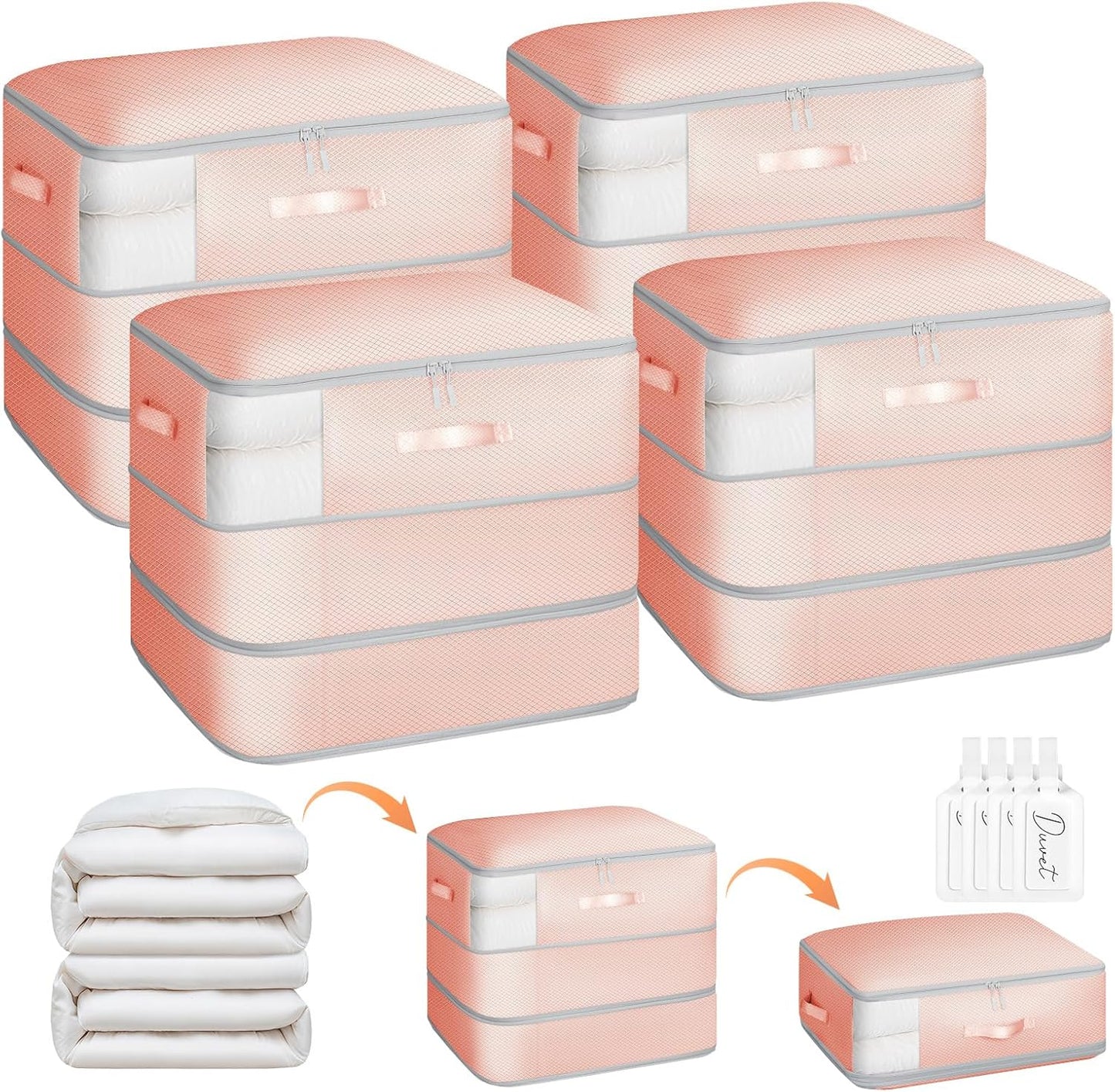 4 Pack Compression Storage Bags - 110L Large Capacity Comforter Storage Bag, 3-Layer Washable Ultra Space Saving Self Compression Organizer Space Bags for Blankets, Sweaters, Sheets, Pink