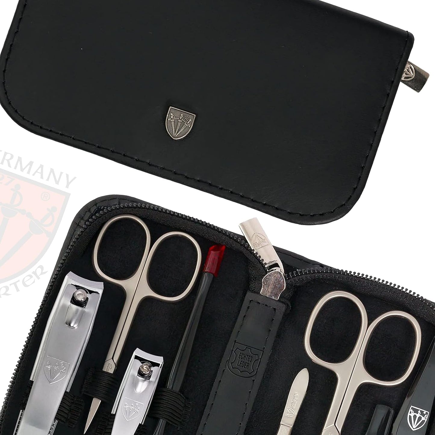 3 Swords Germany – brand quality 8 piece manicure pedicure grooming kit set for professional nail care with genuine leather case black - Made in Germany