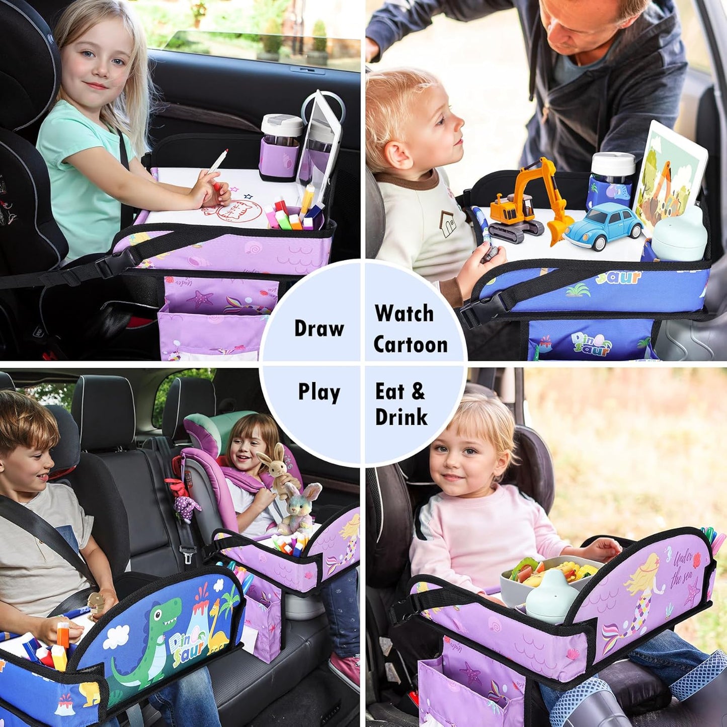 2PCS Kids Travel Tray for Airplane - Toddler Car Seat Table Tray, Road Trip Essentials for Boys & Girls, Carseat Lap Desk for Kids Road Trip Activities (Blue Dinosaur/Purple Mermaid)