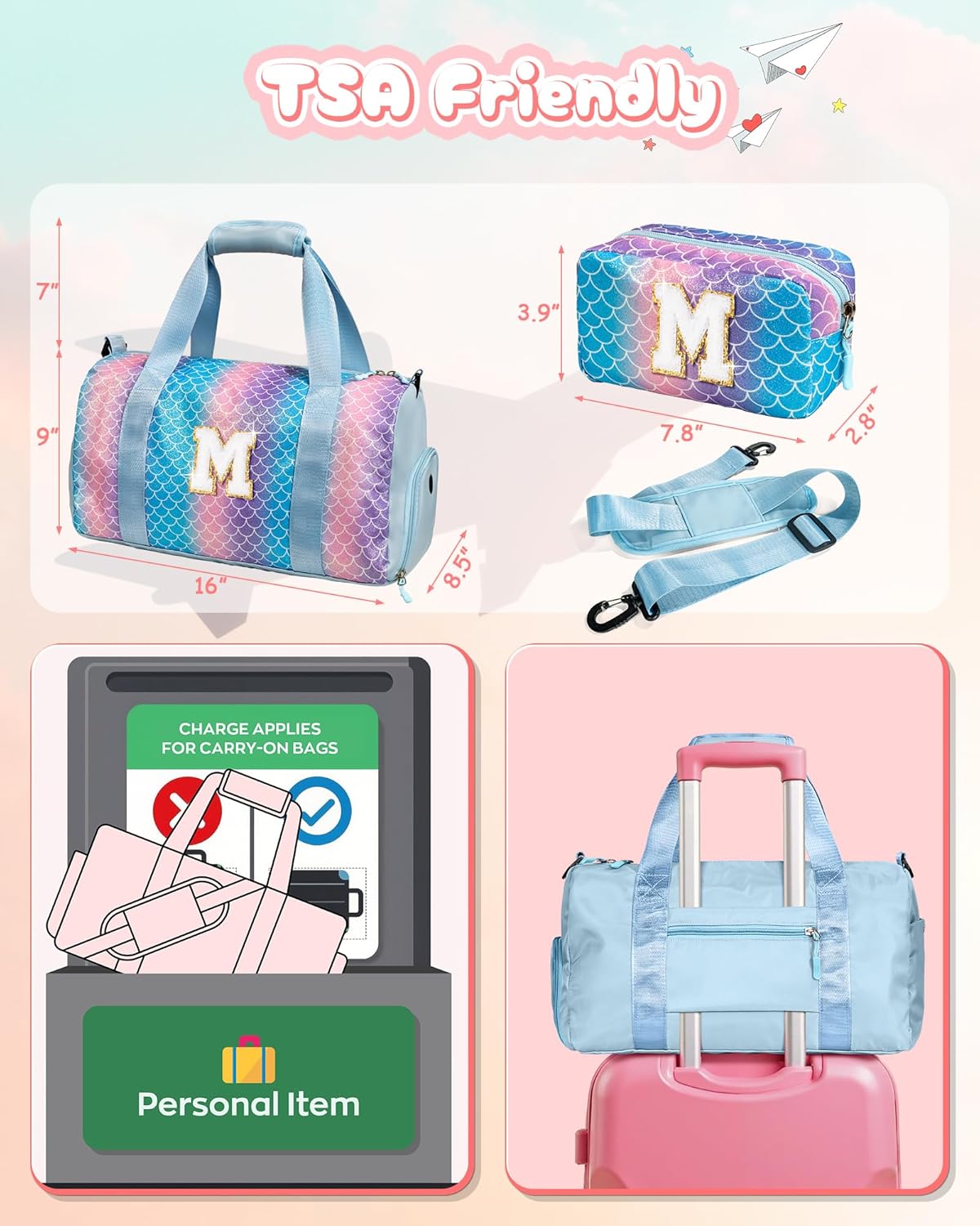 Gifts for 4 5 6 7 8 9 10 Year Old Girls-Girl Gym Bag with Shoe Compartment, Kid Personalized Weekender Overnight Bags, Initial Travel Tote with Makeup Pouch, Gift for Daughter (Letter G)