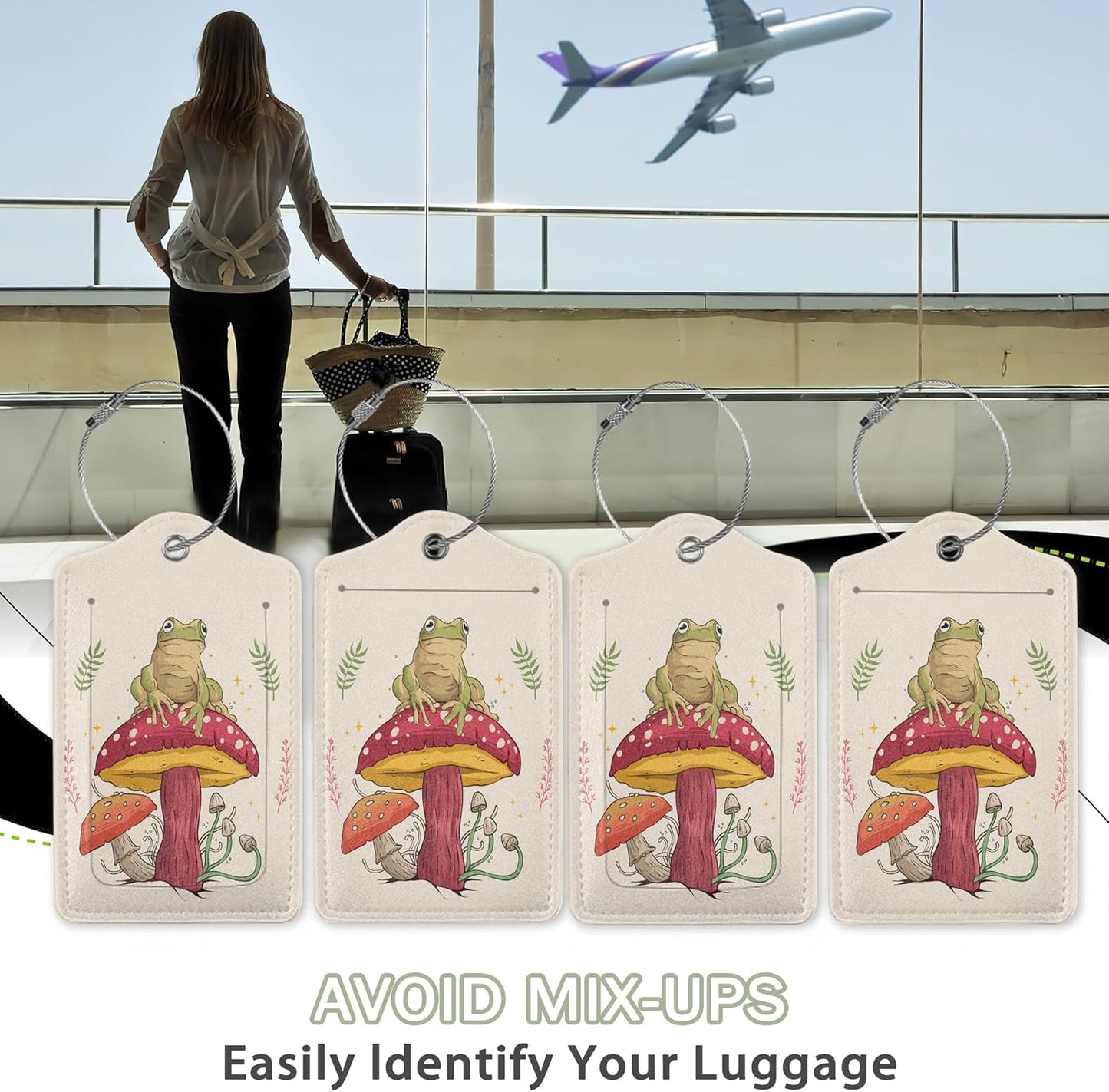 2 Pack Luggage Tags for Suitcase,Frog Sitting On Mushroom Leather Luggage Tag Bag Tags Identifiers Privacy Cover Id Label with Steel Loop for Women Men Girls Boys Travel