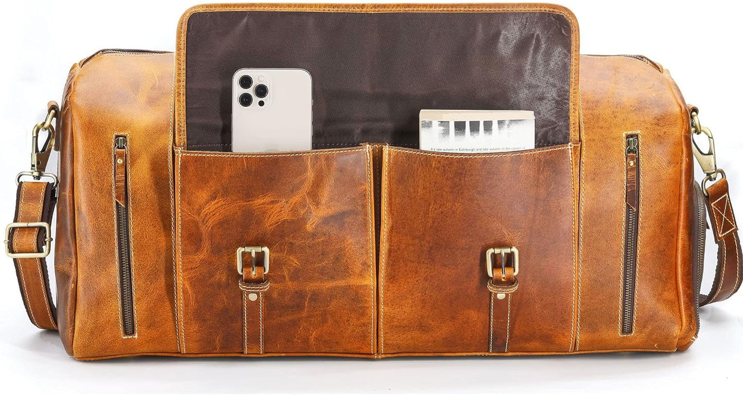 KomalC Leather Duffel Bags for Men and Women Full Grain Leather Travel Overnight Weekend Leather Bags Sports Gym Duffel for Men (Tan, 24 Inch)