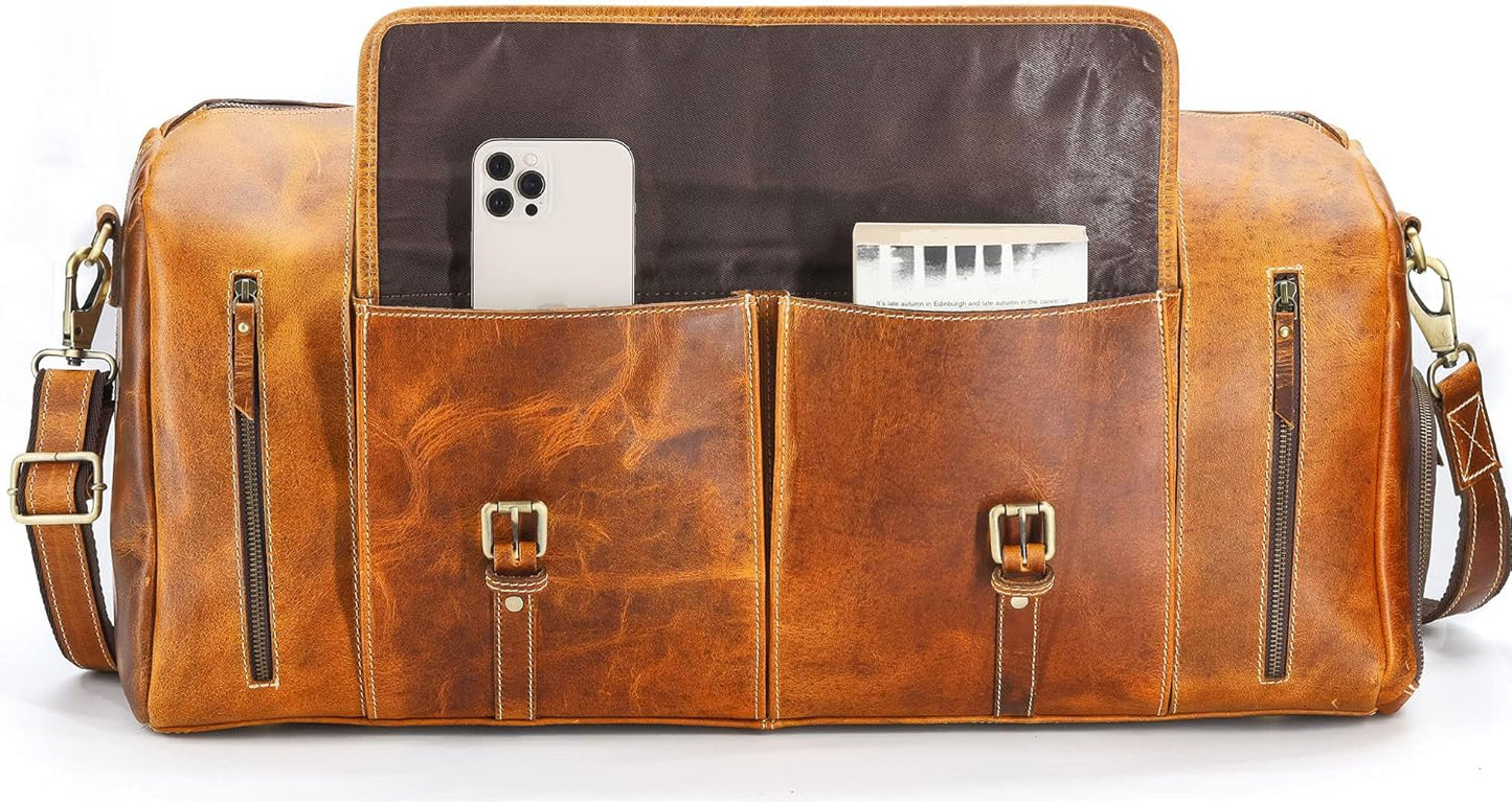 KomalC Leather Duffel Bags for Men and Women Full Grain Leather Travel Overnight Weekend Leather Bags Sports Gym Duffel for Men (Distressed Tan, 28 Inch)