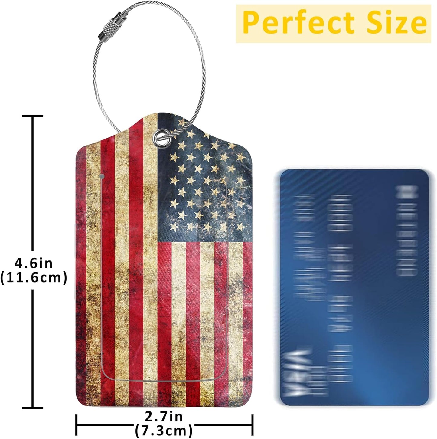 2 Pack Luggage Tag for Suitcase,Retro USA Flag PU Leather Suitcase Tags Identifiers with Privacy Name Address Labels and Durable Steel Loop for Women Men Travel