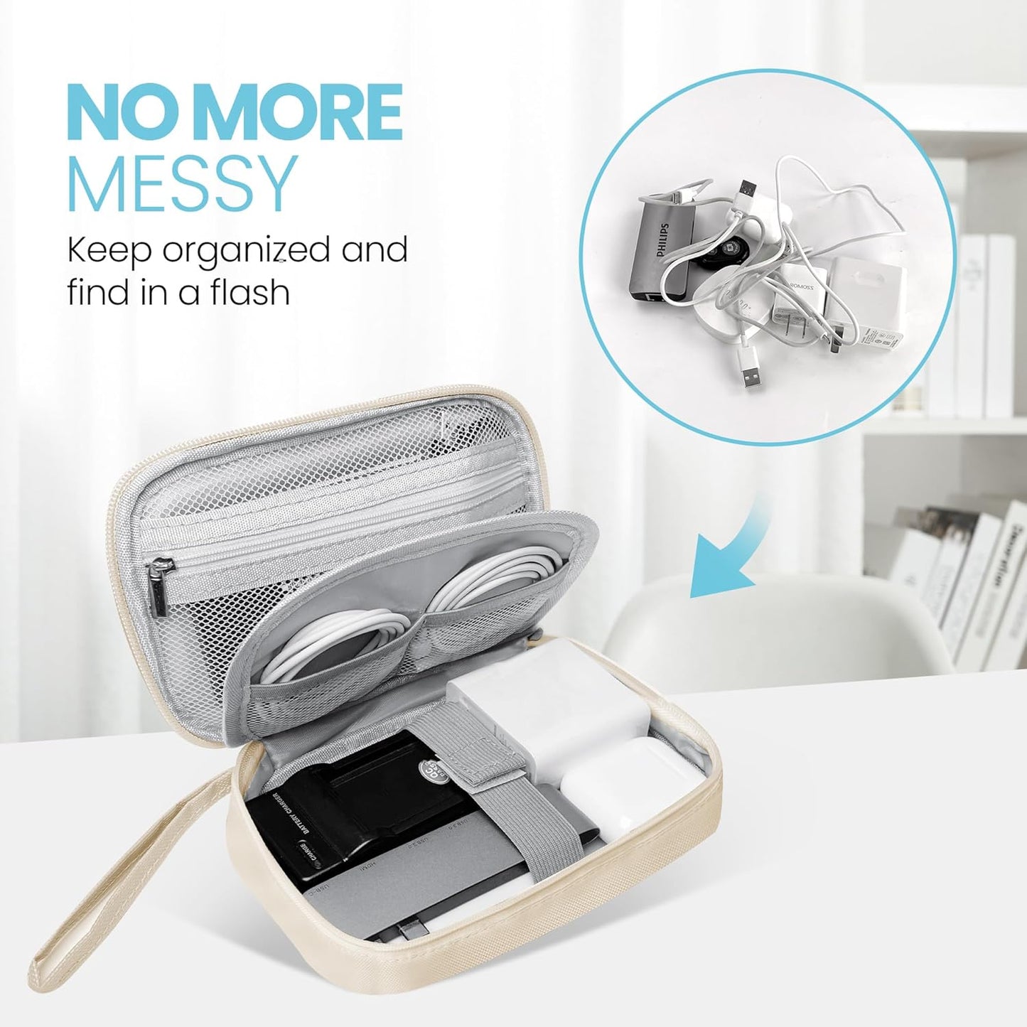 Electronics Travel Organizer,Portable Waterproof Electronic Travel Storage Bag for Small Charging Cord Storage,Charger,Small Electronics,SD Card etc,for Travel,Business -Beige