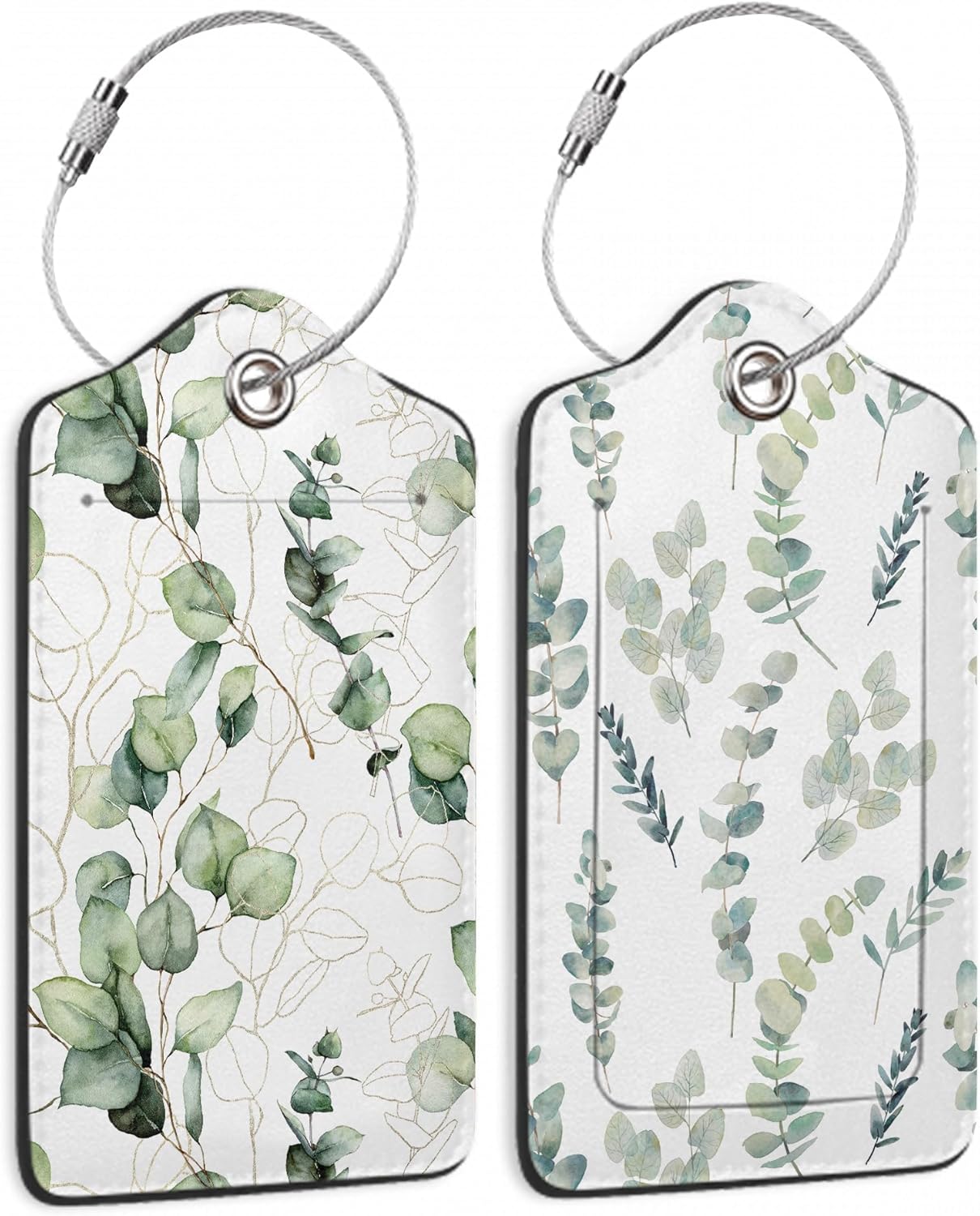 2 Pack Leather Luggage Tag for Suitcase Green White Eucalyptus Leaves Unique Travel Tags with Privacy Cover ID Label & Stainless Steel Loop for Men and Women Baggage