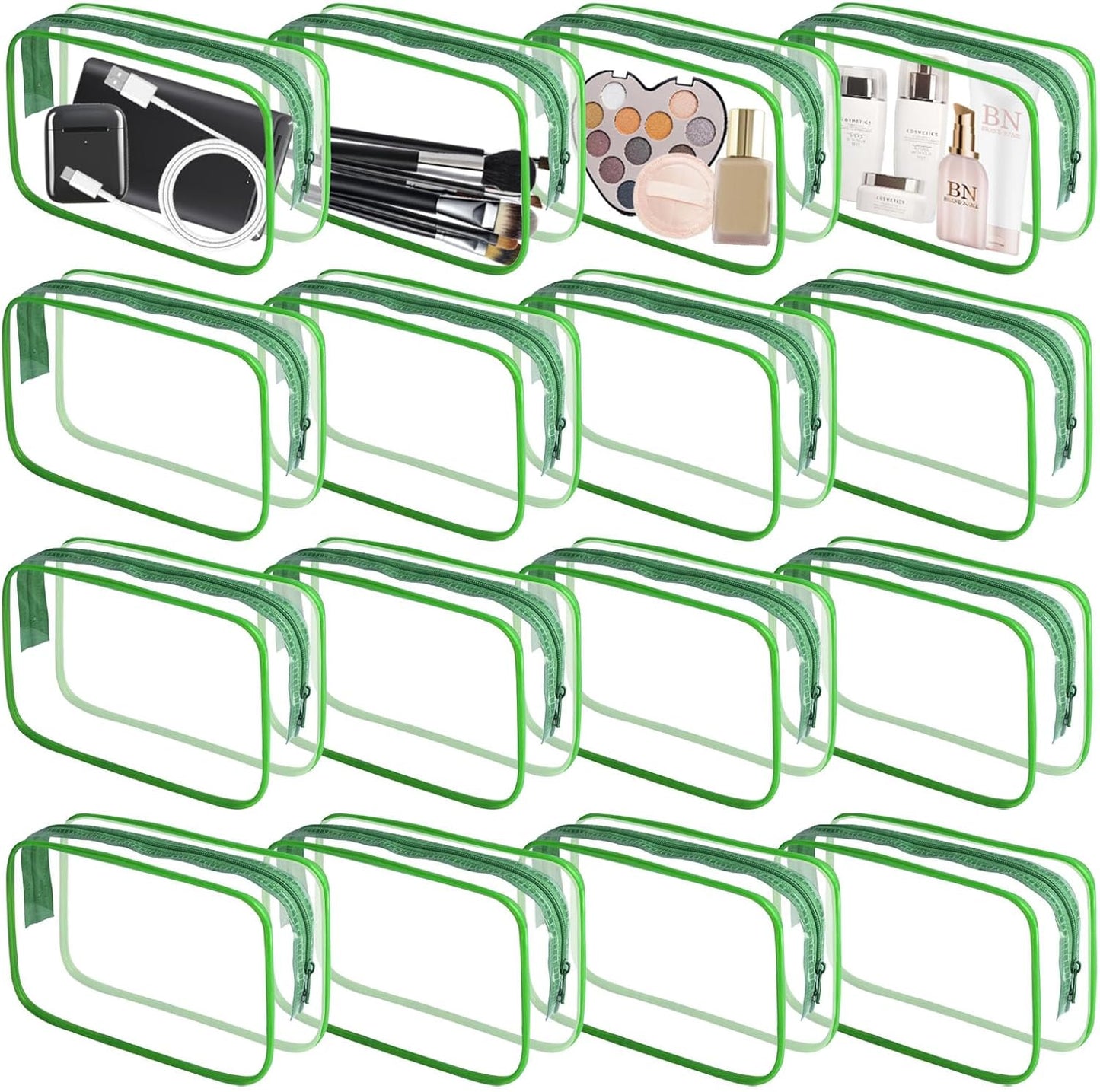 16 Pieces Clear Makeup Bag PVC Zippered Clear Toiletry Carry Pouch Portable Cosmetics Bag Waterproof Makeup Bag Vinyl Plastic Organizer Case for Travel Vacation Bathroom (Green-M)