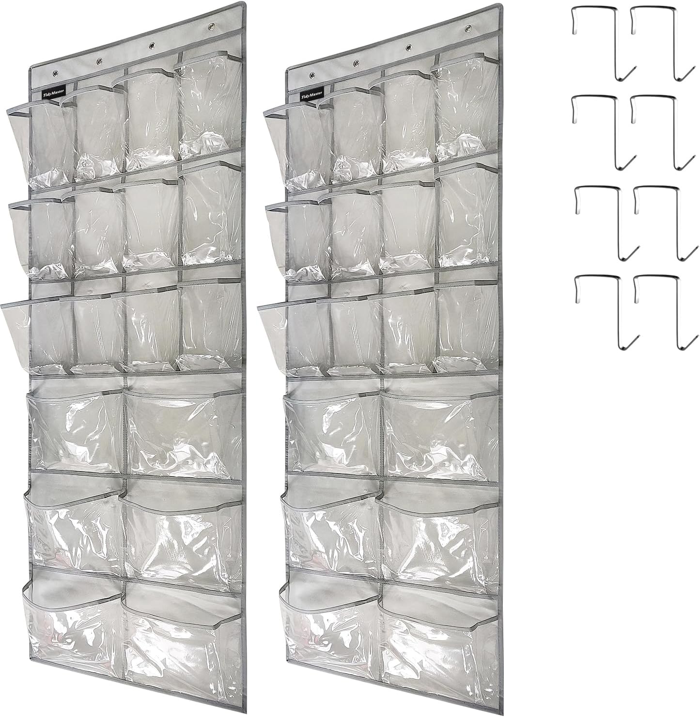 2 Pack Extra Large Hanging Crystal Clear Over Door Shoe Organizers, Closet Shoe Rack Organizer, 12+6 Pockets, 8 Hooks, Grey (59" x 21.6")
