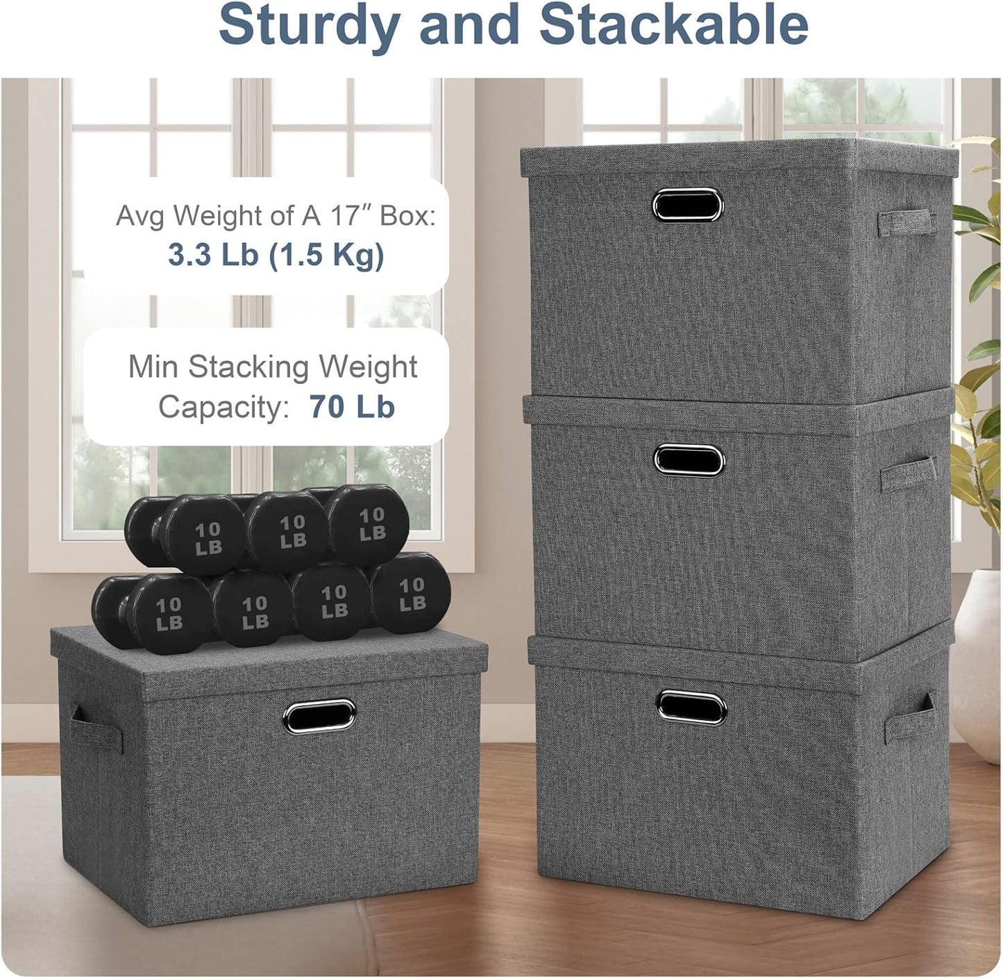 Large 17" 36 Quart Collapsible Stackable Storage Bins with Lids, 5 Packs Gray Foldable Fabric Closet Storage Boxes with Lids, Heavy-duty Linen Cube Baskets(17 x 12 x 11)