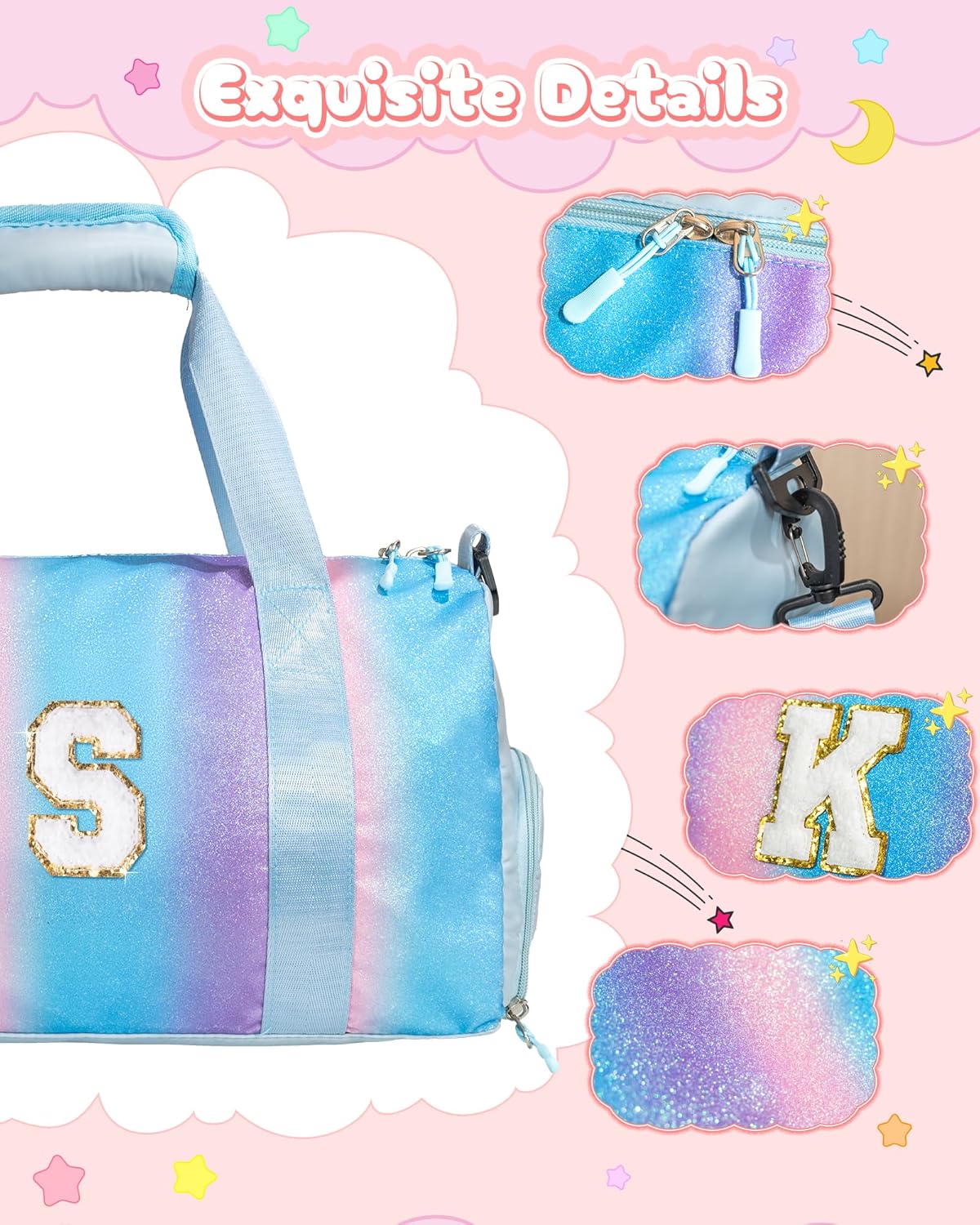 Christmas Gifts for Girls-Girl Gym Bag with Shoe Compartment, Kid Personalized Weekender Overnight Bags, Initial Travel Tote with Makeup Pouch, Gift Ideas for Niece Sister (Letter W)