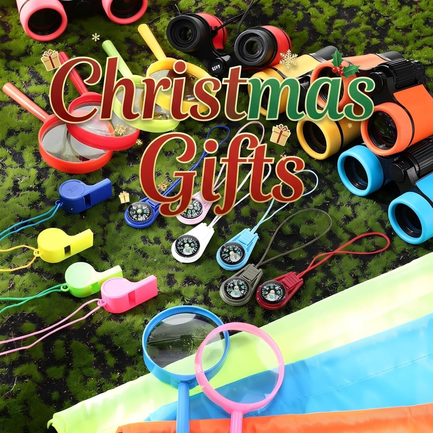 12 Set Binocular Compass Magnifying Glass Set Christmas Birthday Gift Small Telescope Binocular with Whistle Bag for Outdoor Exploring Stocking Stuffer(Multiple Color,Classic)