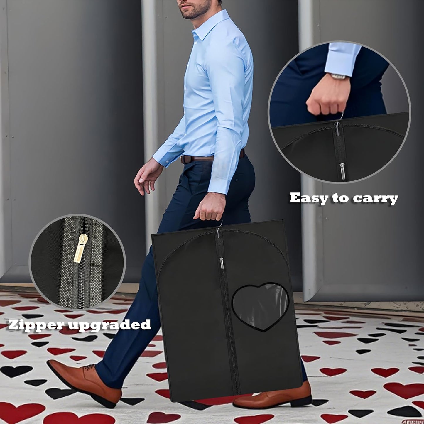 Dress Bags for Gowns Long, 60'' Garment Bags for Hanging Clothes, Suit Bag Cover for Storage and Travel, with Clear Heart Window, 2 Pack (Black)