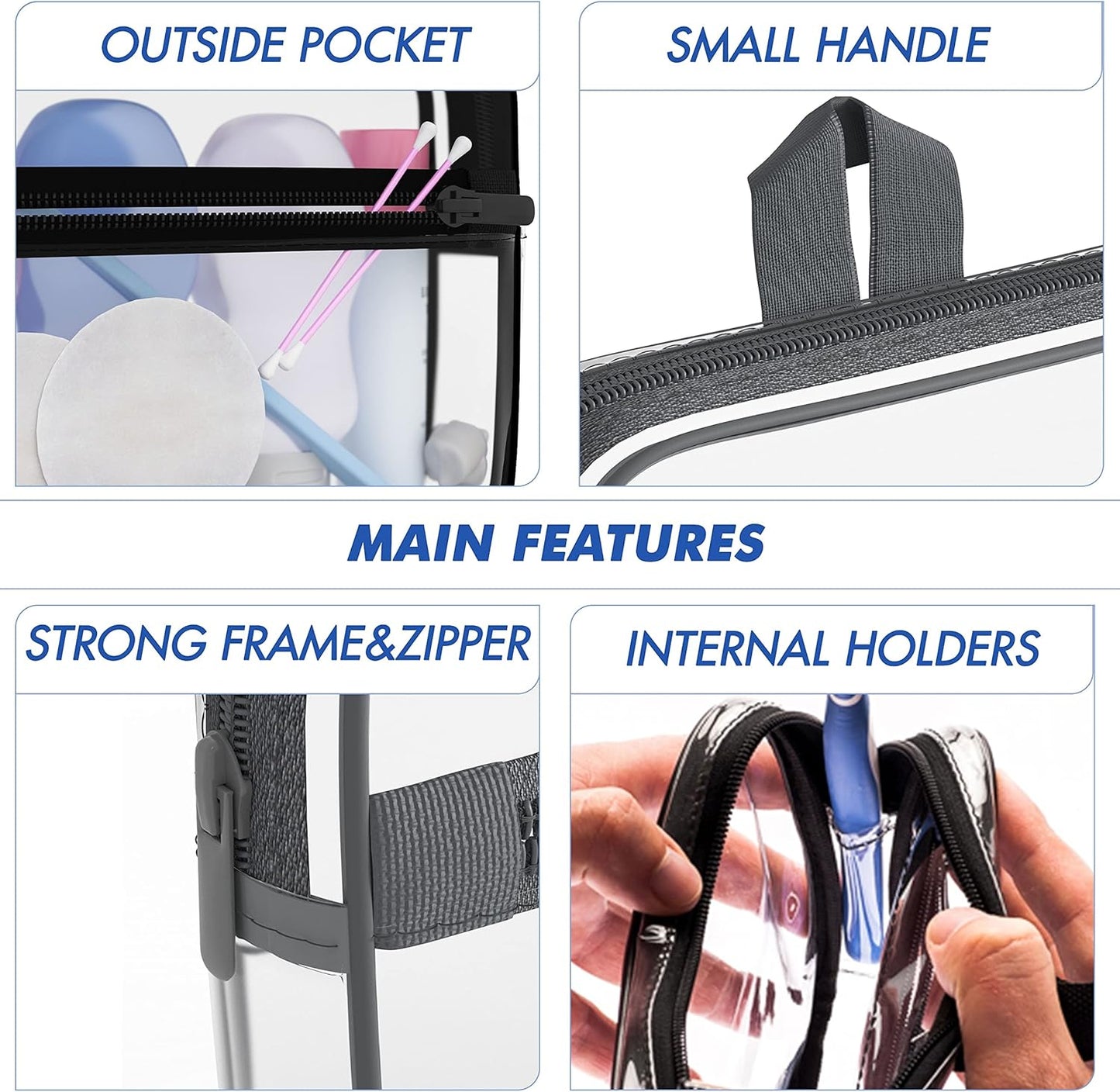 Olanmark TSA Approved Toiletry Bag with Pocket - 311 Small Quart Size Cosmetic Case for Airport Liquids - Clear Makeup Pouch Transparent Plastic Zipper Organizer - PVC Travel Bags Grey