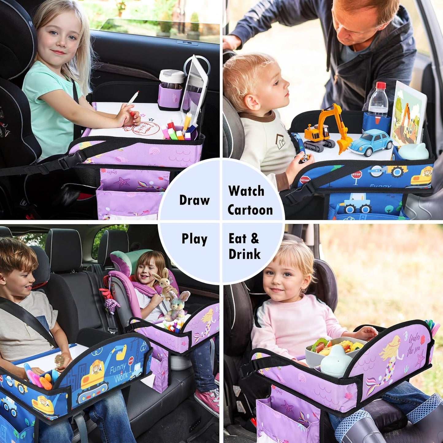 2PCS Kids Travel Tray for Airplane - Toddler Car Seat Table Tray, Road Trip Essentials for Boys & Girls, Carseat Lap Desk for Kids Road Trip Activities (Dark Blue Car/Purple Mermaid)
