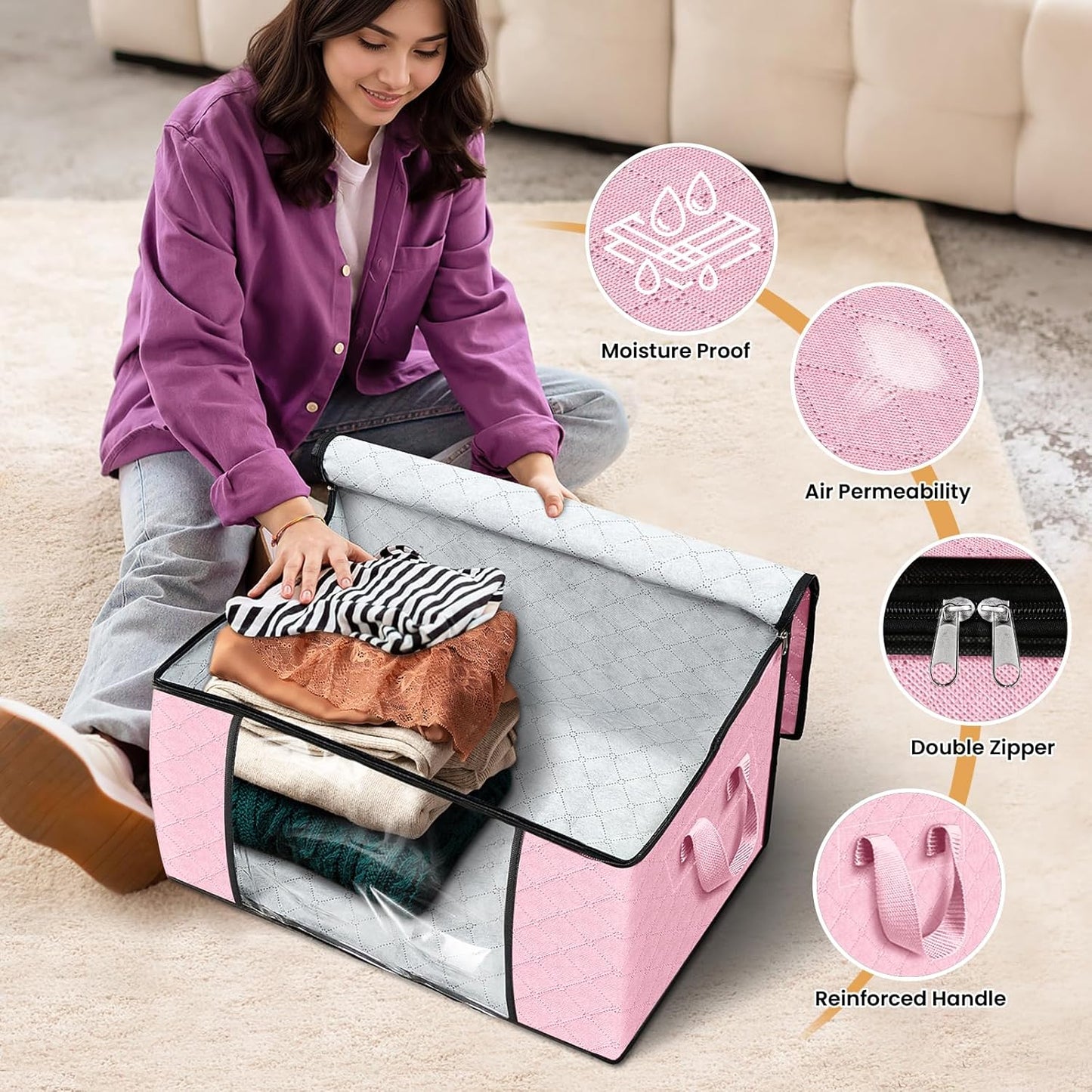 Fab totes 3 Pack Clothes Storage, Foldable Thick Fabric Blanket Storage Bags, Containers for Organizing Bedroom, Closet, Clothing, Comforter, Organization with Handle,Pink