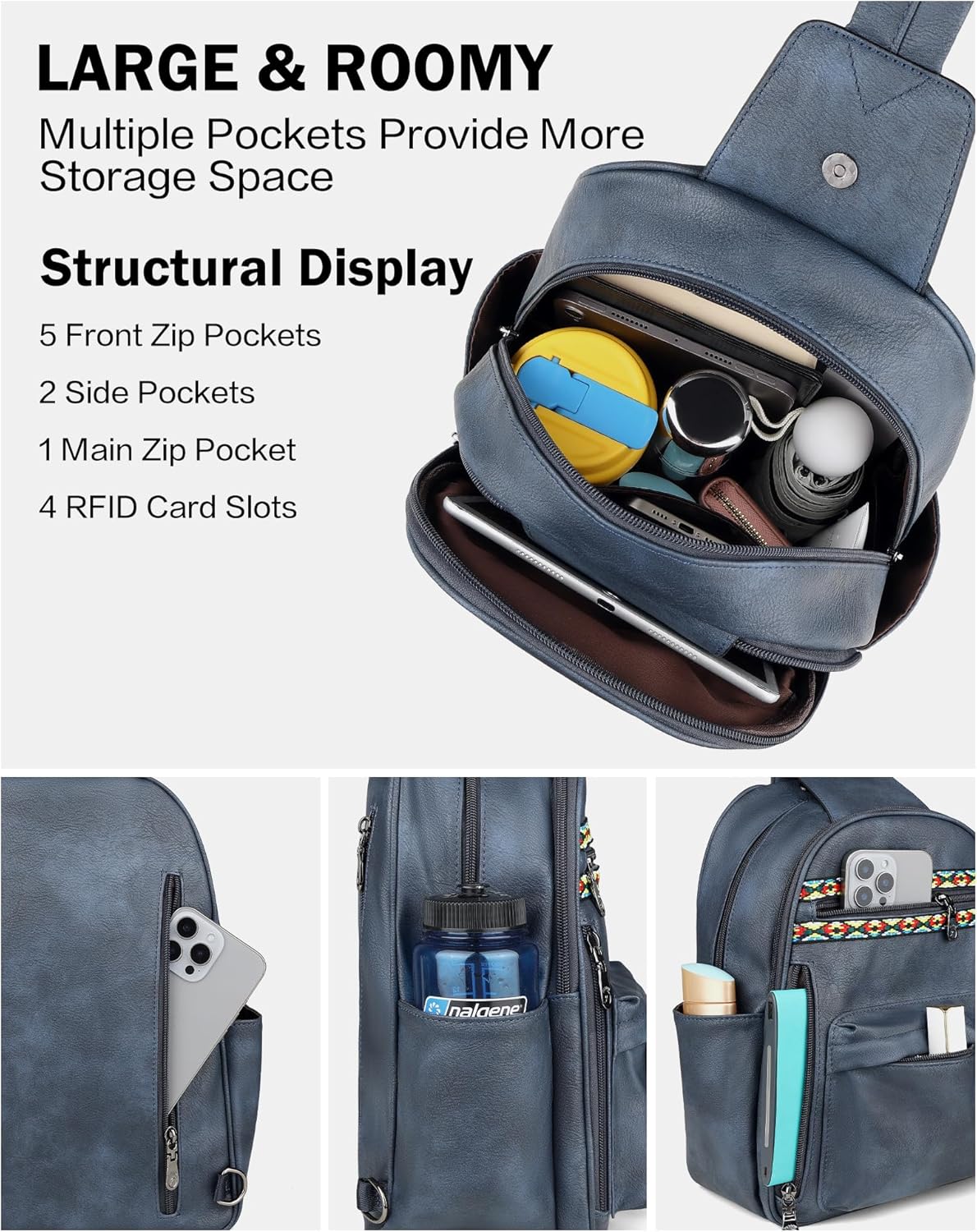 FADEON Large Sling Bag for Women, Leather Crossbody Purse Designer Anti Theft Sling Backpack, RFID Fanny Packs for Travel