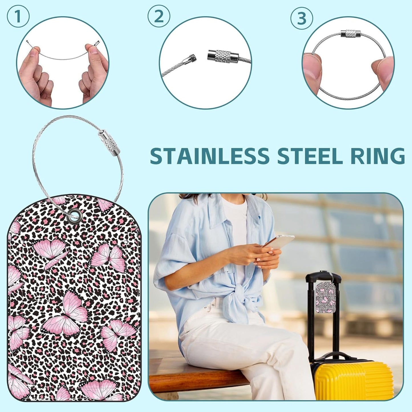 2 Pack Cute Luggage Tag for Suitcases Pink Butterfly and Leopard Leather Luggage Tags with Stainless Steel Loop Privacy Flap Name Tags,Men and Women Travel Bag Suitcase Tags