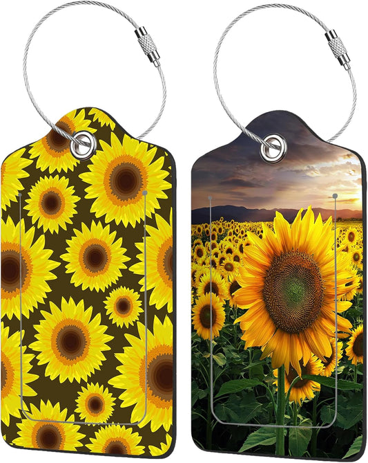 2 Pack Sunflower Luggage Tags for Suitcases,Beautiful Floral Leather Baggage Suitcases Tag Name ID Label Privacy Cover Travel Bag Tags for Women Men Boys Girls