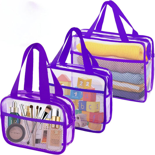 XEWEA Clear Travel Toiletry Bags, 3 Pack TSA Approved Transparent Makeup Bag for Men Women, Large Waterproof PVC Quart Organizer with Zipper for Toiletries Airline Essential,Toy Storage Pouch Purple
