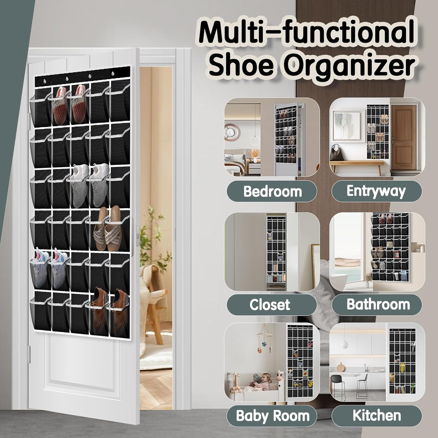 Over the Door Shoe Organizer with 30 Breathable Mesh Pockets - Large Capacity Closet Storage for Men & Women, Hanging Shoe Rack Organizer -Black