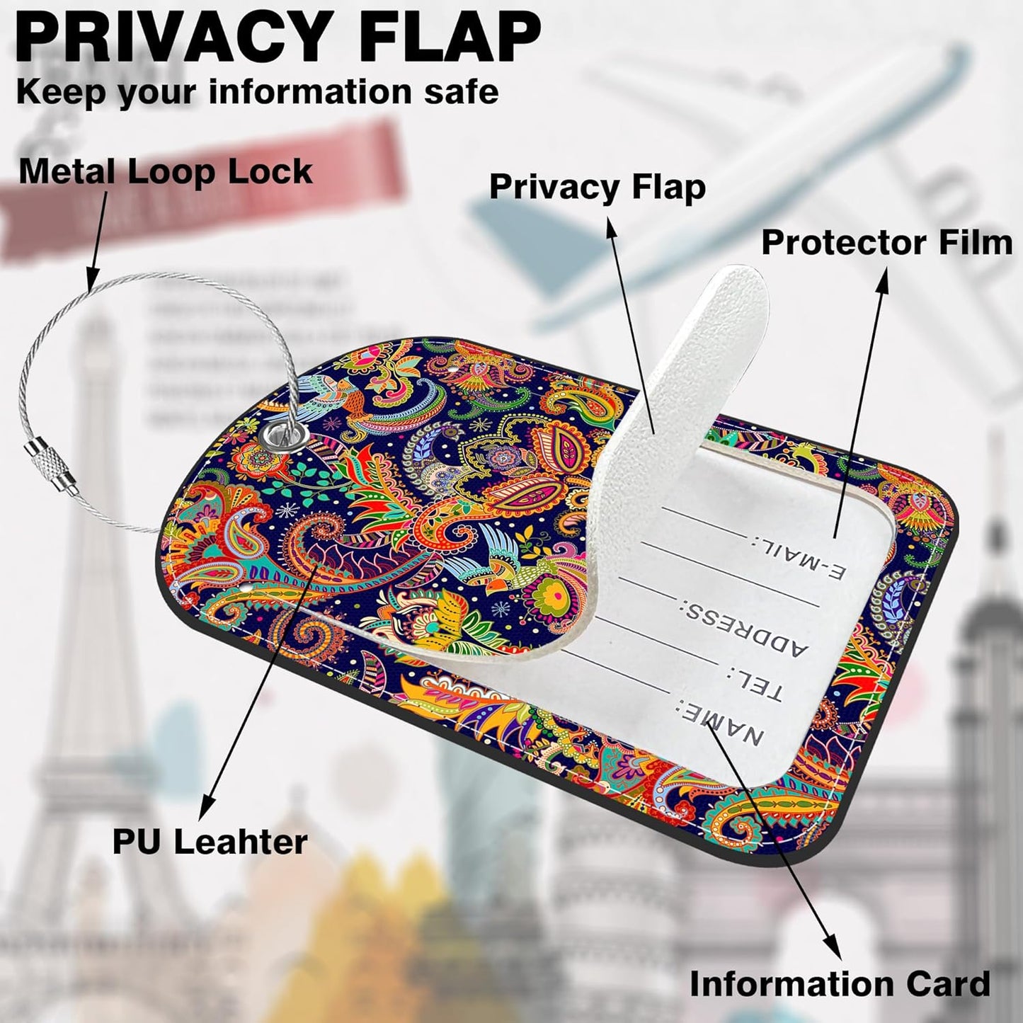 2 PCS Leather Luggage Tags for Suitcase Boho Colorful Paisley Travel Luggage Tag with Privacy Flap Name ID Label and Metal Loop for Travel Bag Suitcase