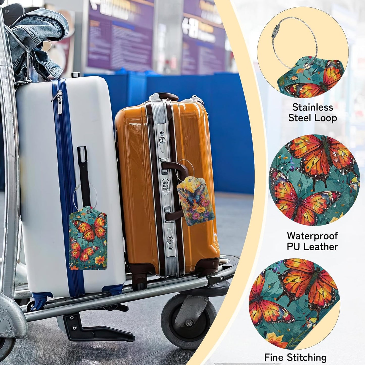 3 Pack Vintage Butterfly Wildflower Luggage Tags for Suitcases,Cute Leather Name Tag with Privacy Cover with Stainless Steel Loops, Travel ID Bag Tags for Women Men