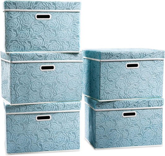 PRANDOM Large Collapsible Storage Boxes with Lids [5-Pack] Fabric Decorative Storage Bins Cubes Organizer Containers Baskets with Cover Handles for Bedroom Closet Nursery Blue 17.5x11.8x11.8 Inch