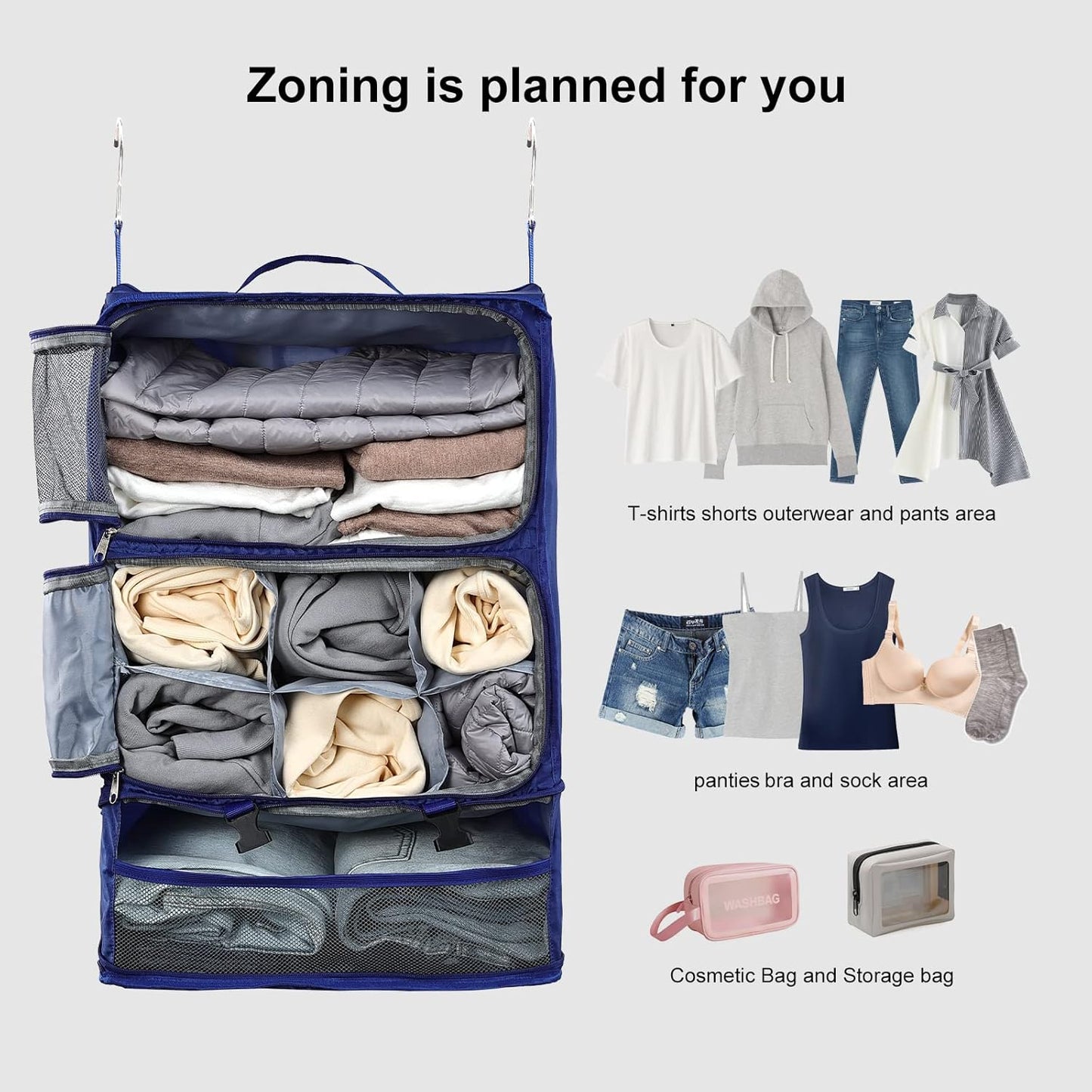 TABITORA Travel Portable Hanging Shelves Closet Organizer Packing Luggage Storage with Multifunctional and Foldable Invisible Compartment,Lightweight, for Suitcase, RV,Closet…Blue,XXL