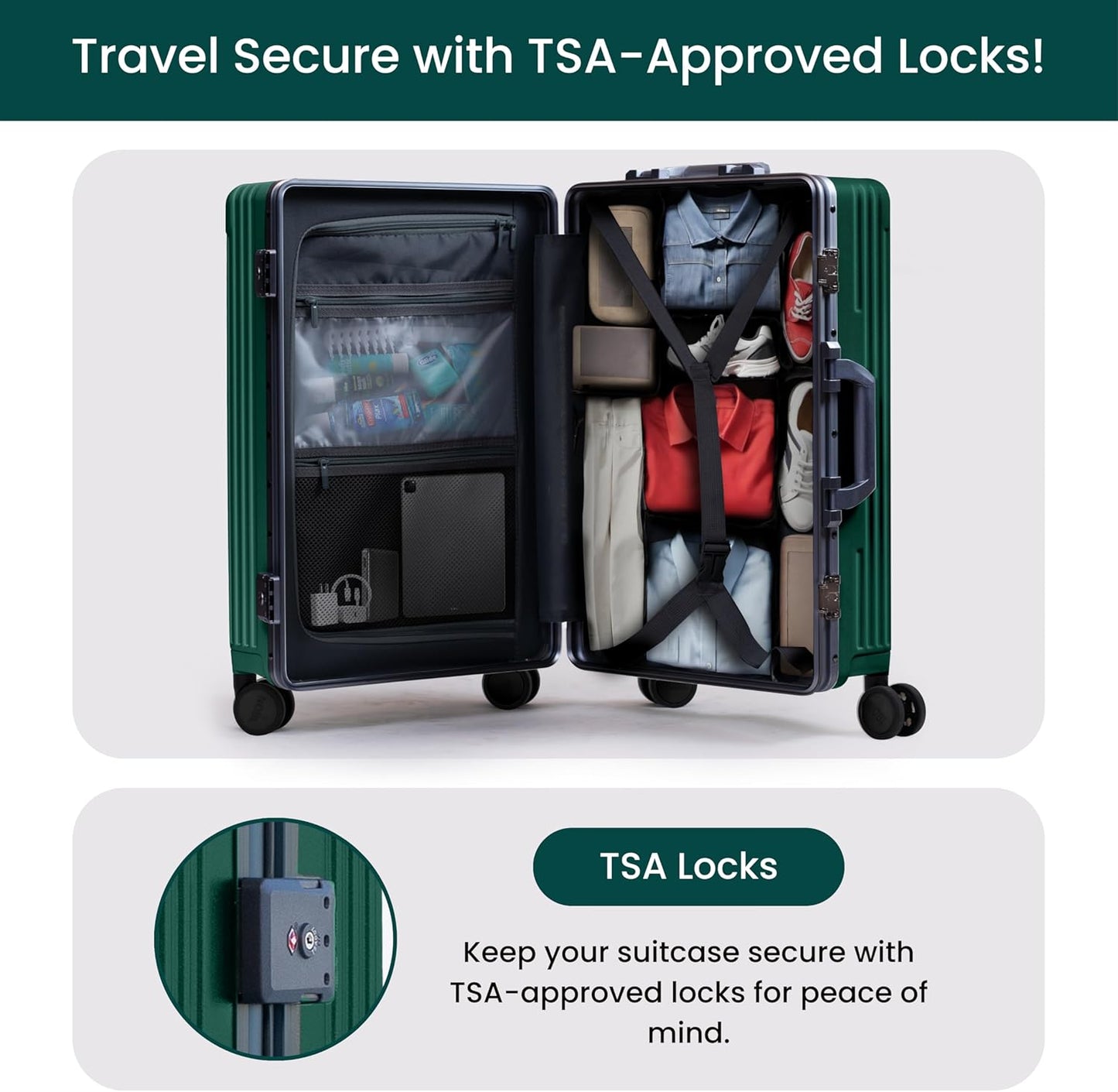Nobl Travel Carry On Luggage, Noble Zipperless Aluminum Frame PC Hard Shell Suitcase, 22.5x15x9.5 Airline Approved, 360° Spinner Wheels, TSA Locks, USB Charging Port, Cup & Phone Holder -Forest Green