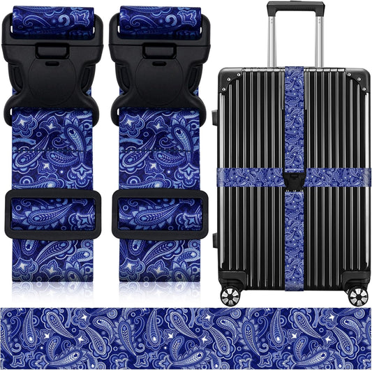 2 Pack Luggage Straps for Suitcases, Adjustable Travel Belt with Double Lock and Quick Release Buckle, Heavy Duty Nylon Bag Packing Strap, Bright Identifiers Business Travel Accessories-Blue Flowers